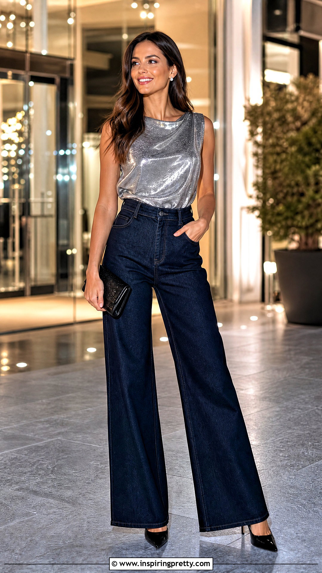 Metallic Top With Dark Wash Jeans - 50 Beautiful Tops For Women