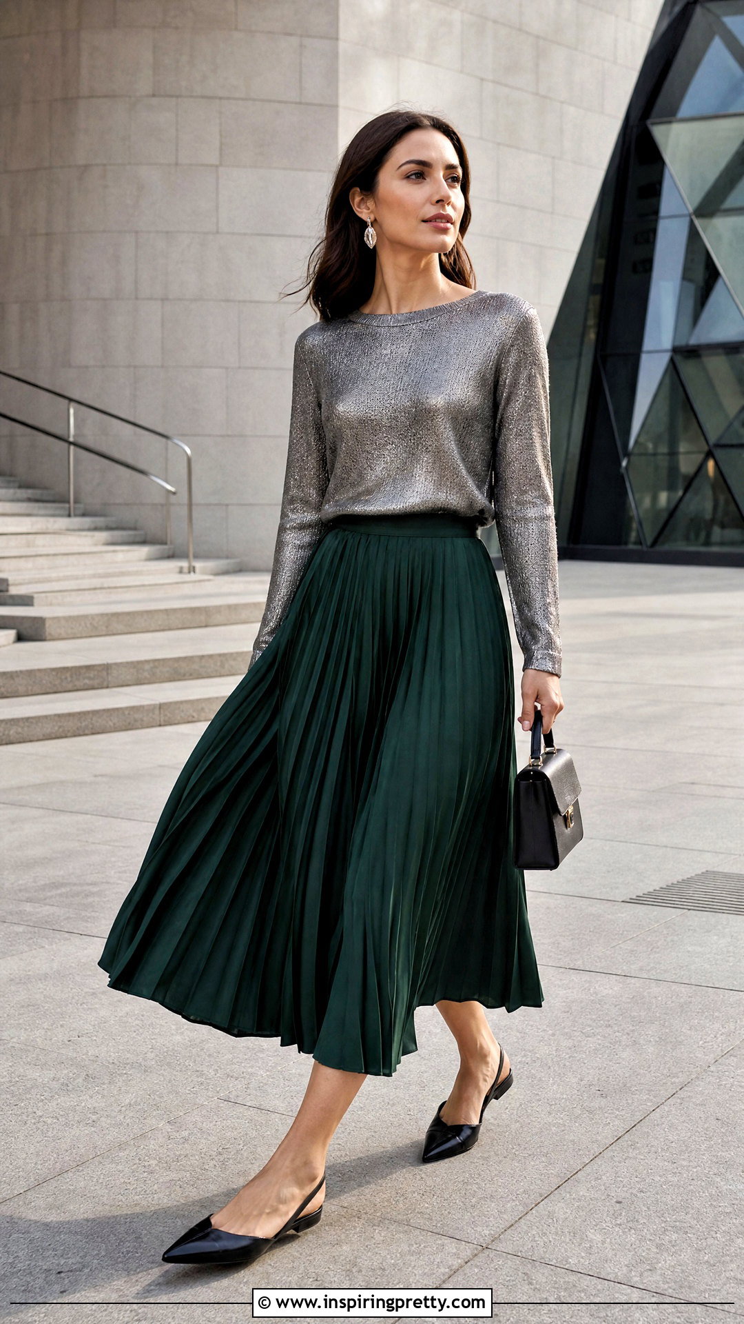 Metallic Top With Pleated Midi Skirt - How To Style Metallic Tops (20 Ways)