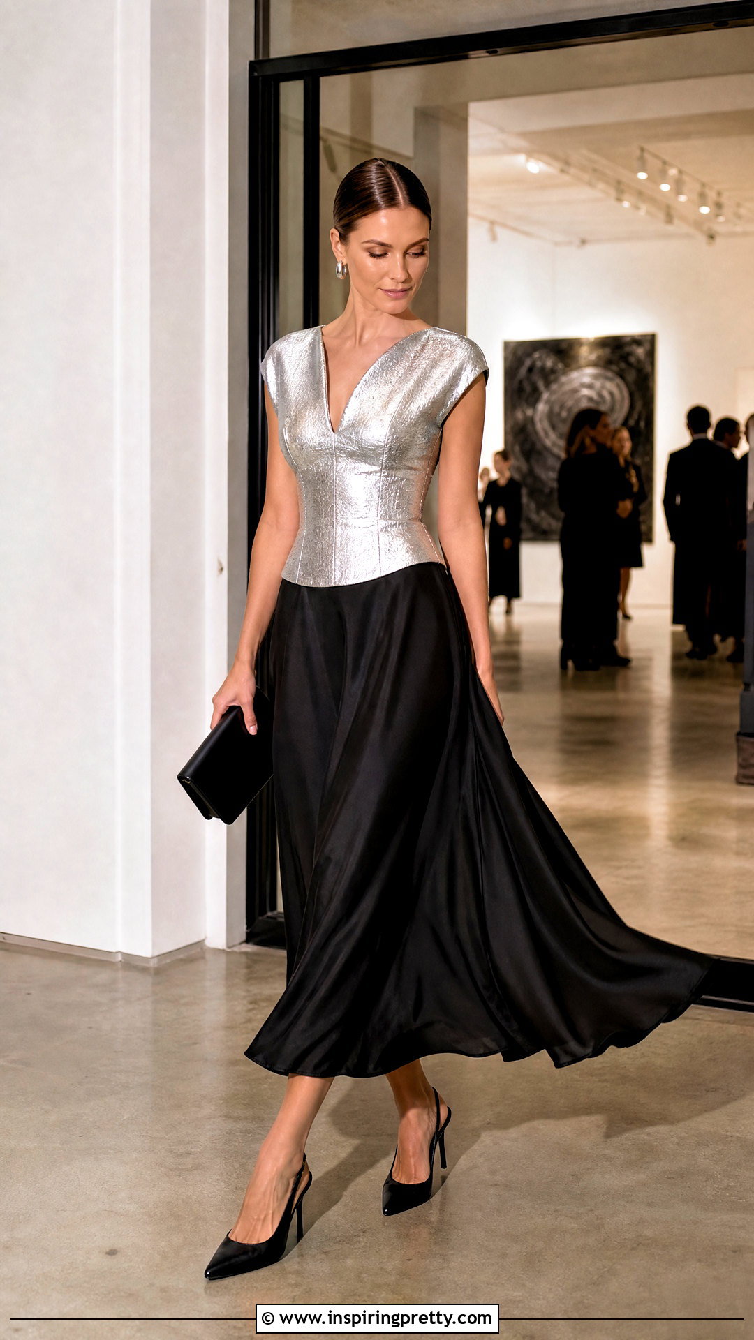 Metallic Top With Satin Midi Skirt - How To Style Metallic Tops (20 Ways)