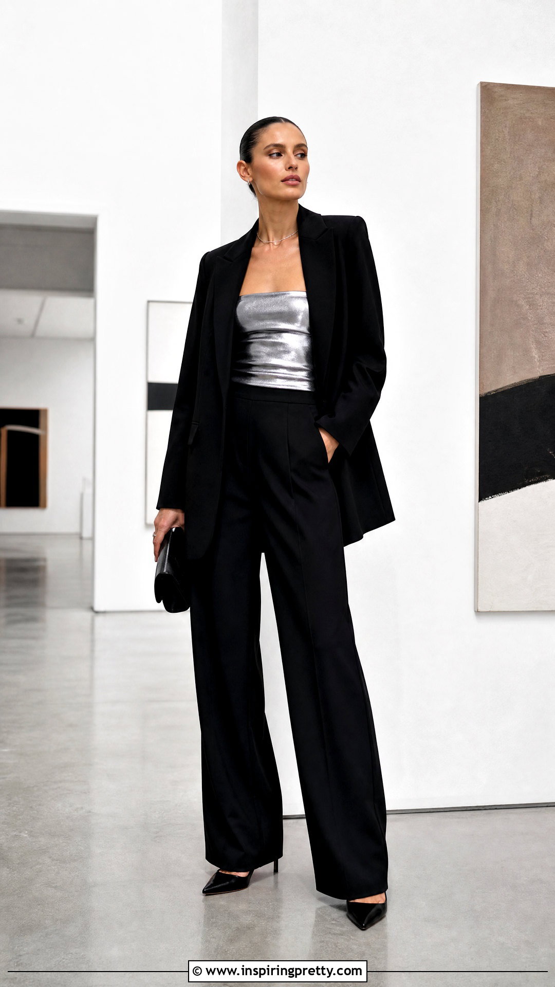 Metallic Tube Top With Black Trousers - 25 posh tube top outfit ideas