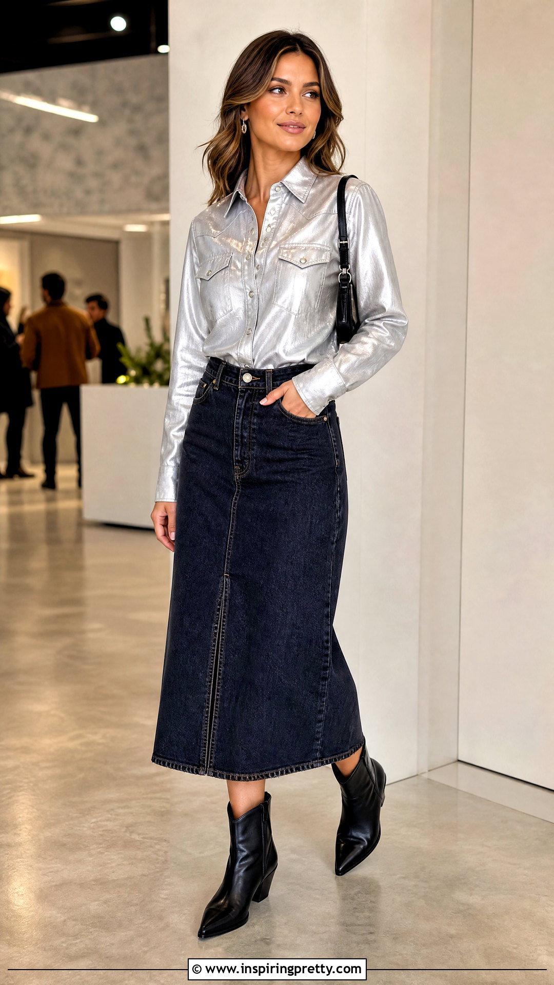 Metallic Western Top With Denim Skirt - 50 western tops outfit ideas