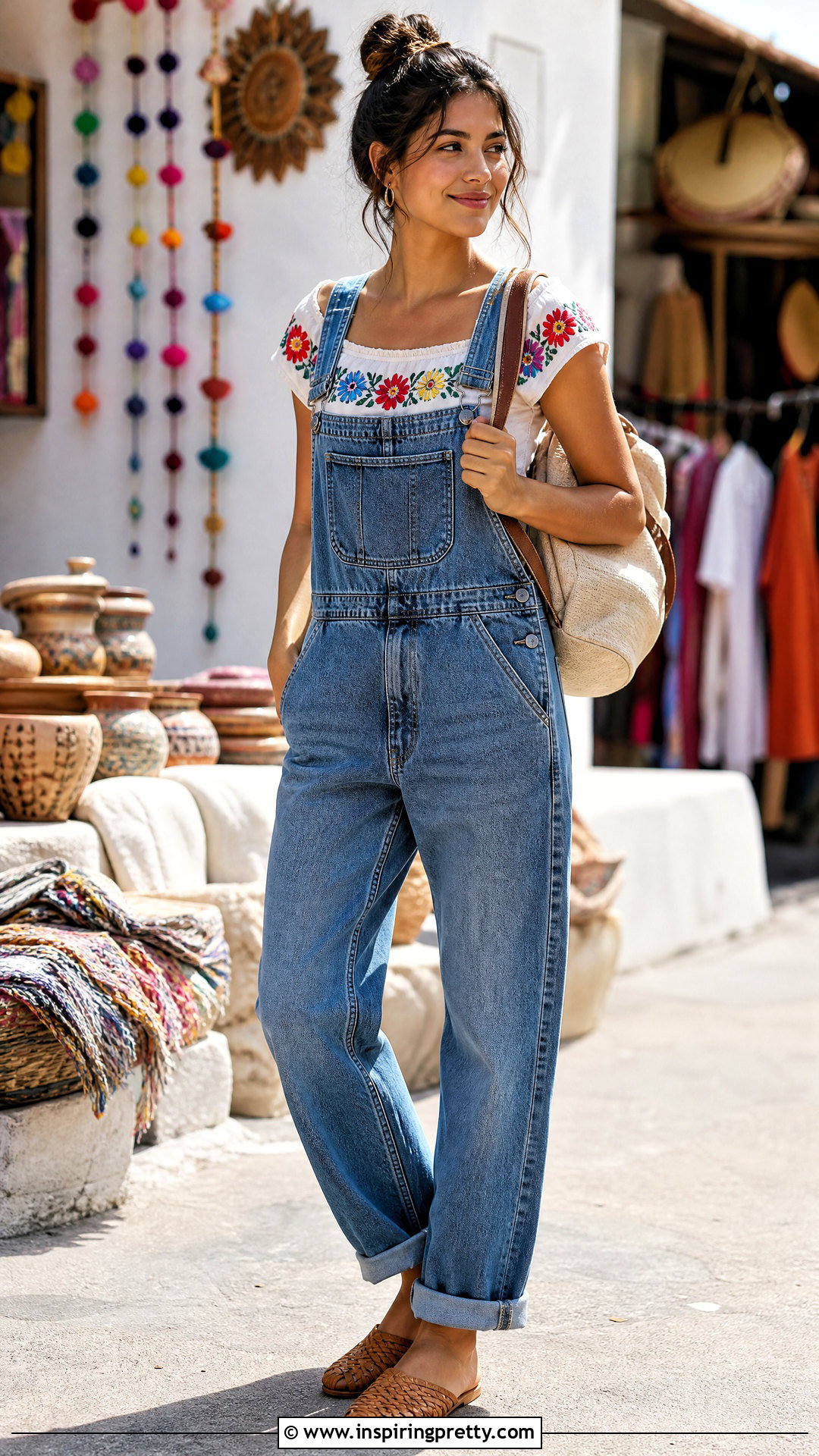 Mexican Crop Top With Denim Overalls - 20 Mexican Style Crop Top outfit ideas