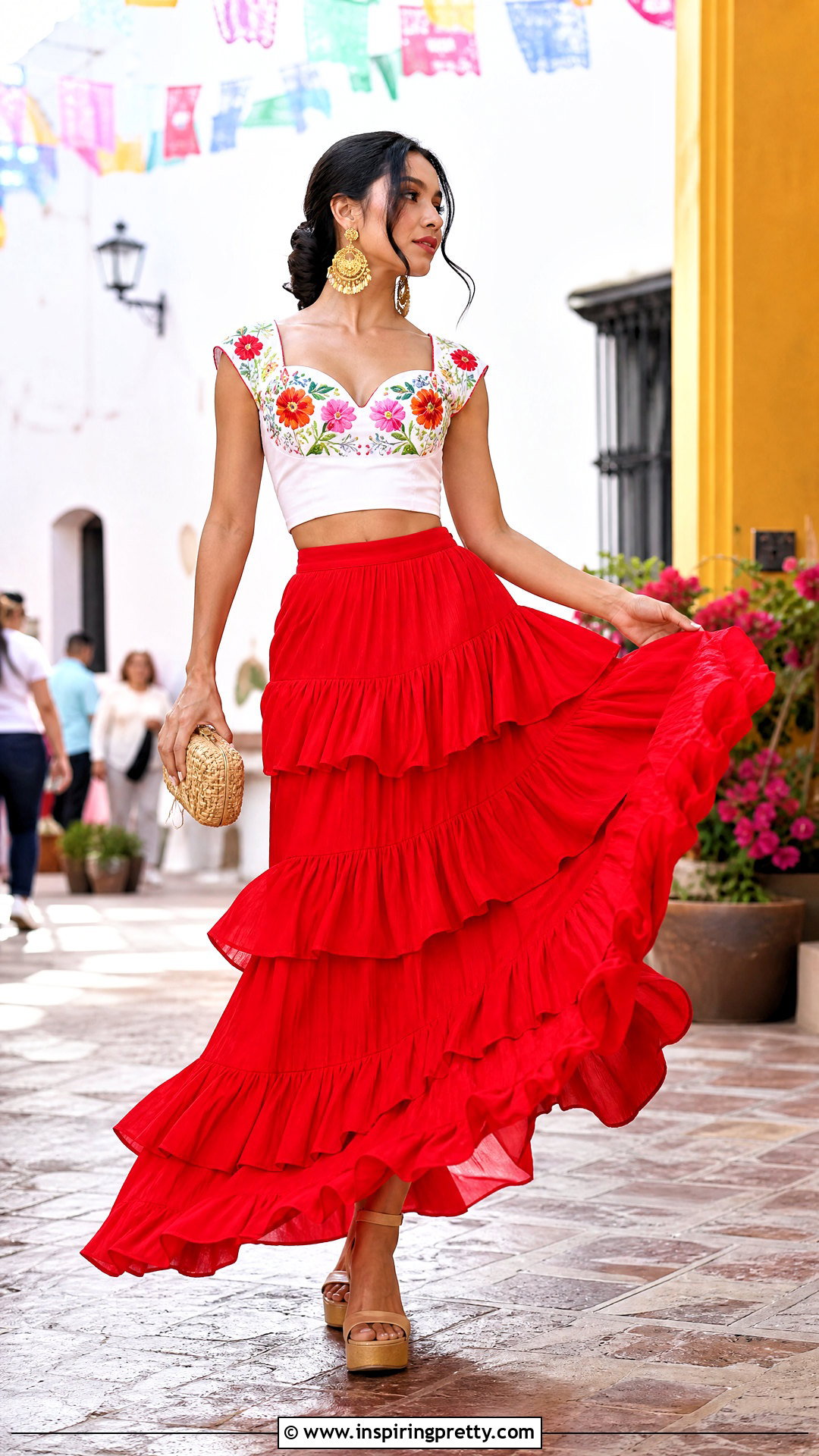 Mexican Crop Top With Ruffle Maxi Skirt - 20 Mexican Style Crop Top outfit ideas
