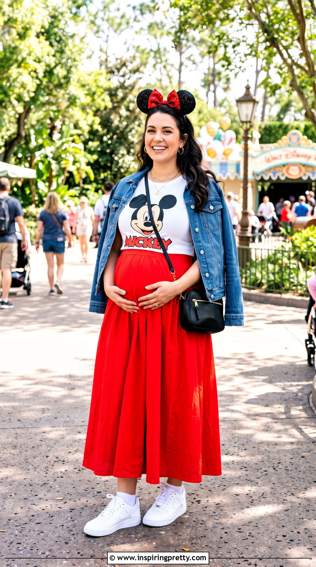 Mickey Disney Maternity Top With Red Maxi Skirt - 20 disney maternity top outfit ideas