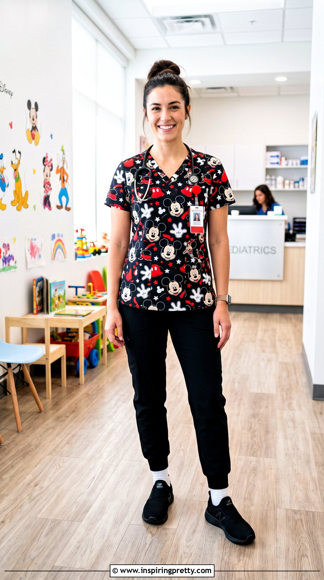 Mickey Mouse Character Scrub Top With Black Joggers - 20 character scrub tops outfit ideas