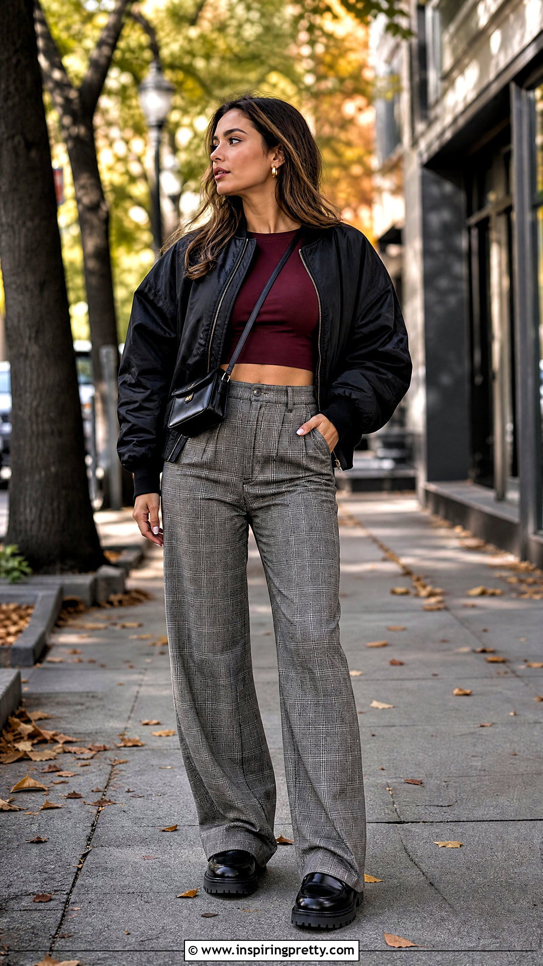 Micro Mini Top With Plaid Pants And Bomber Jacket - 25 micro mini tops outfit ideas