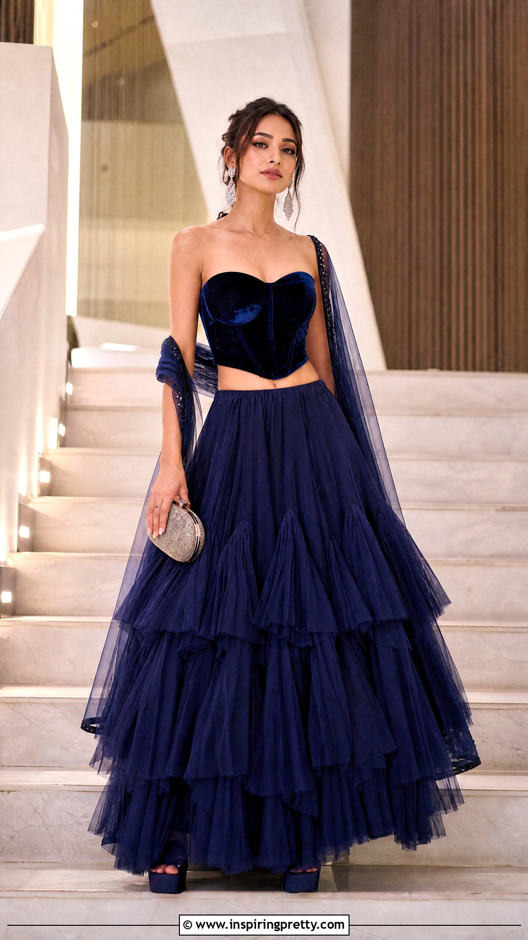 Midnight Blue Velvet Crop Top With Tulle Lehenga - 50 velvet crop top designs for lehengas