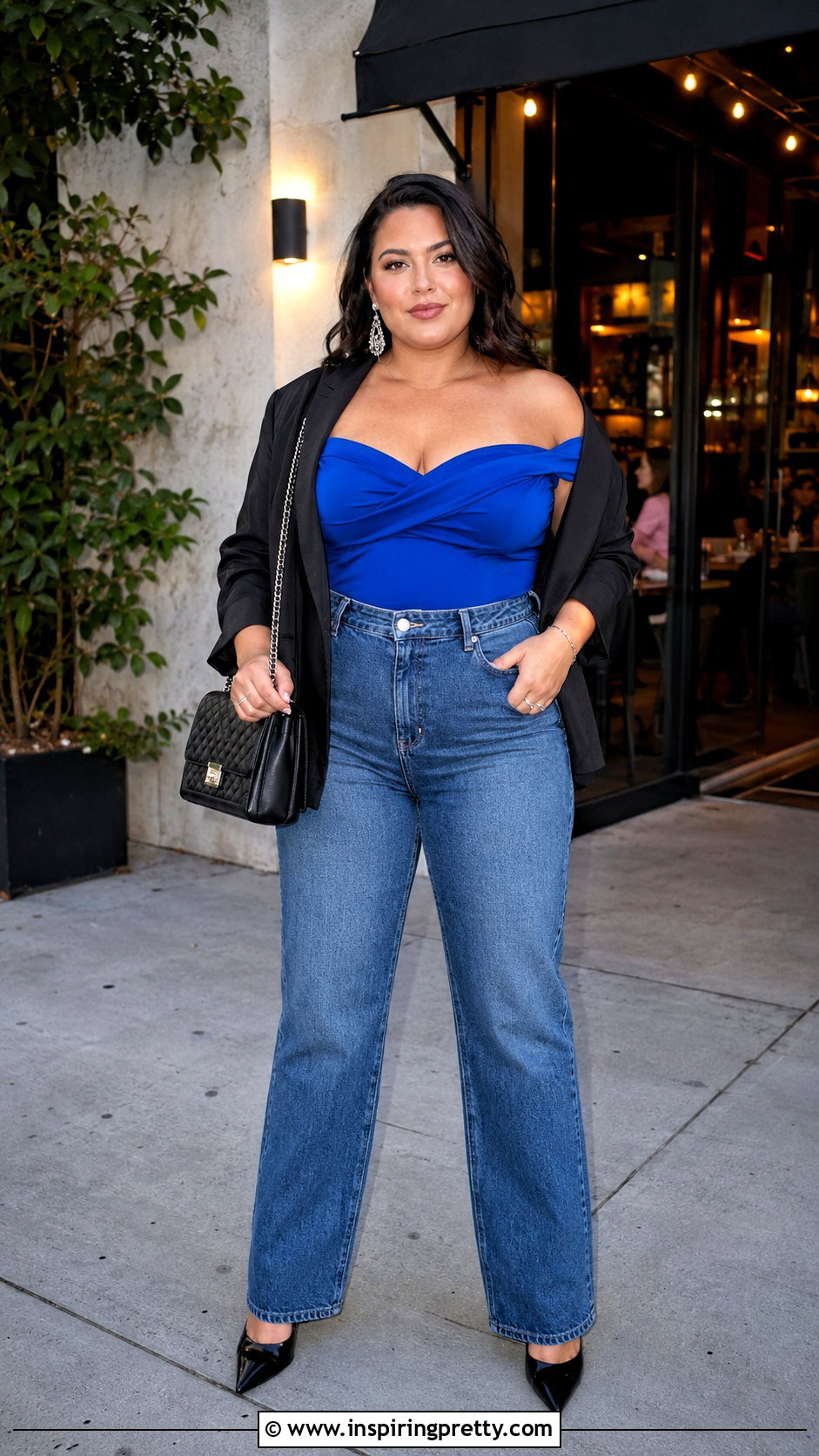 Midsize Off Shoulder Party Top With Straight Jeans - 50 party tops night ideas