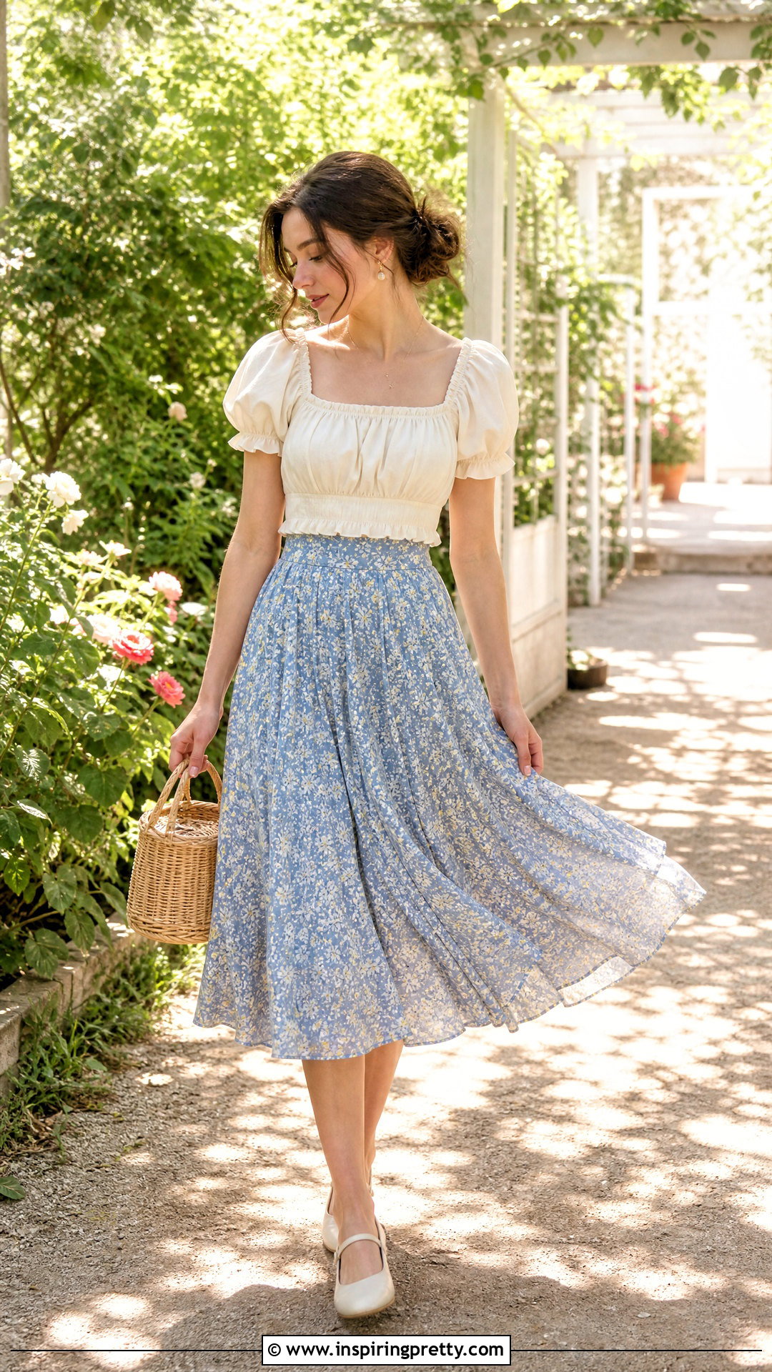 Milkmaid Top With Midi Skirt - 50 cute tops aesthetic ideas