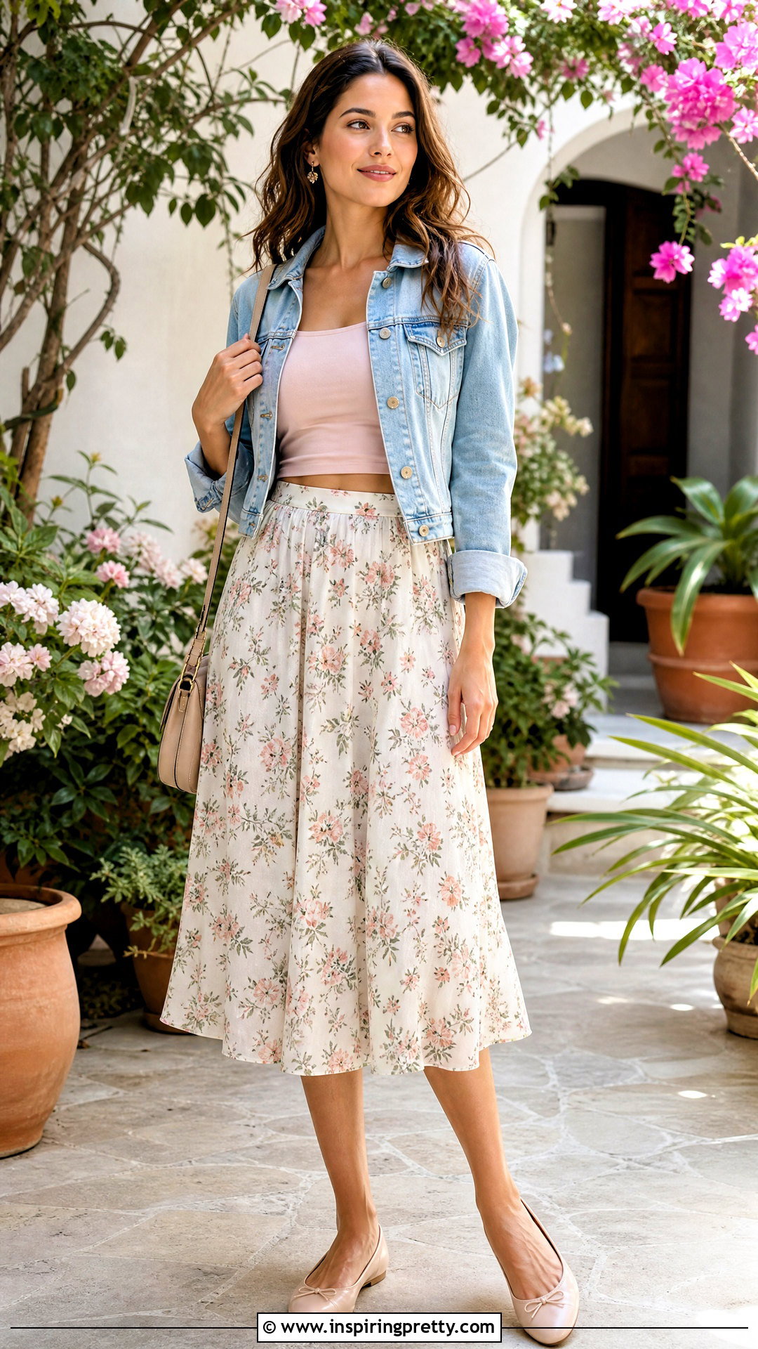 Mini Crop Top With Floral Midi Skirt - 50 mini crop top outfit ideas