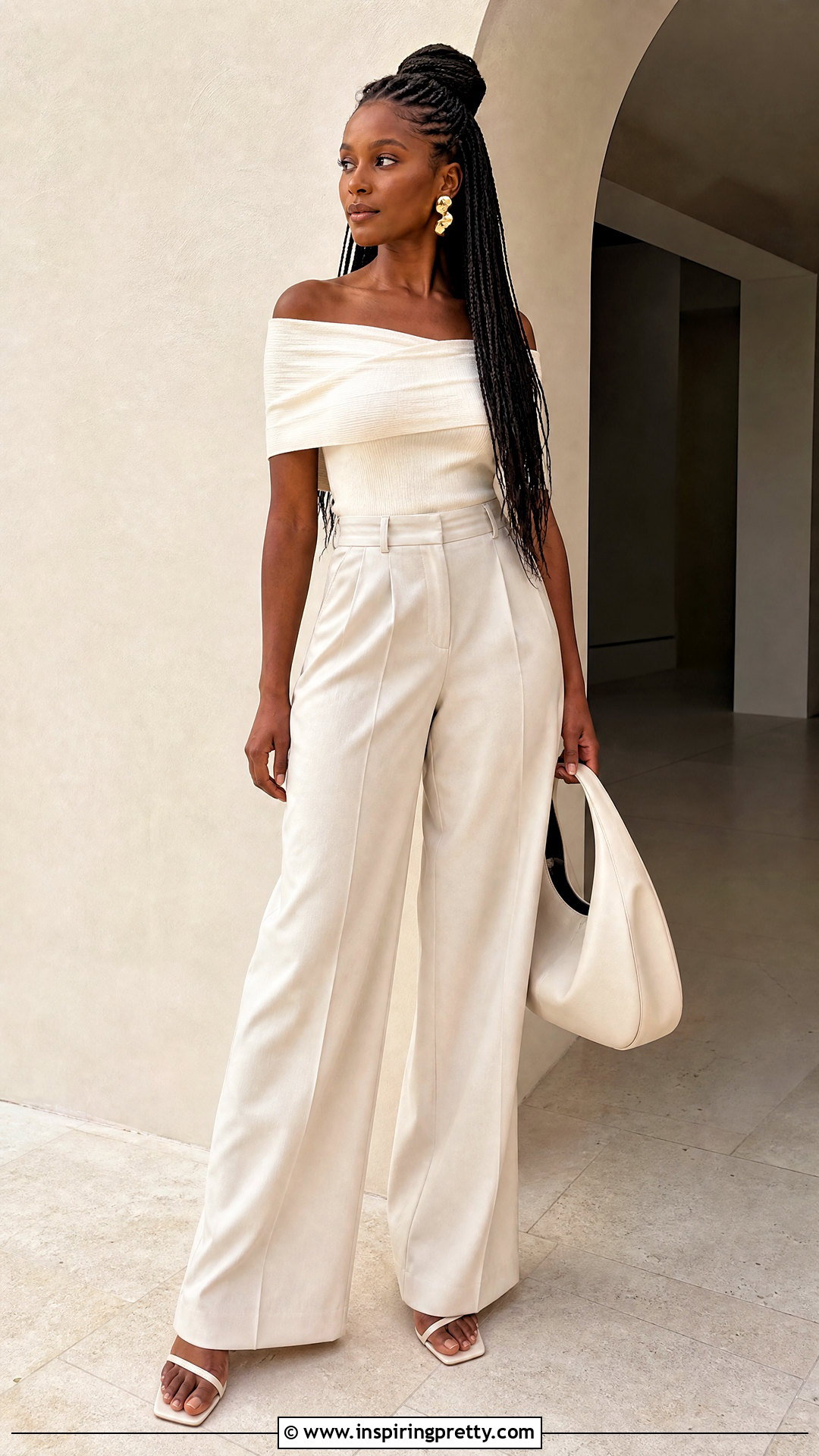 Minimal Off Shoulder Top With Micro Braids and Wide Leg Pants - 50 hairstyle for off shoulder top outfit ideas