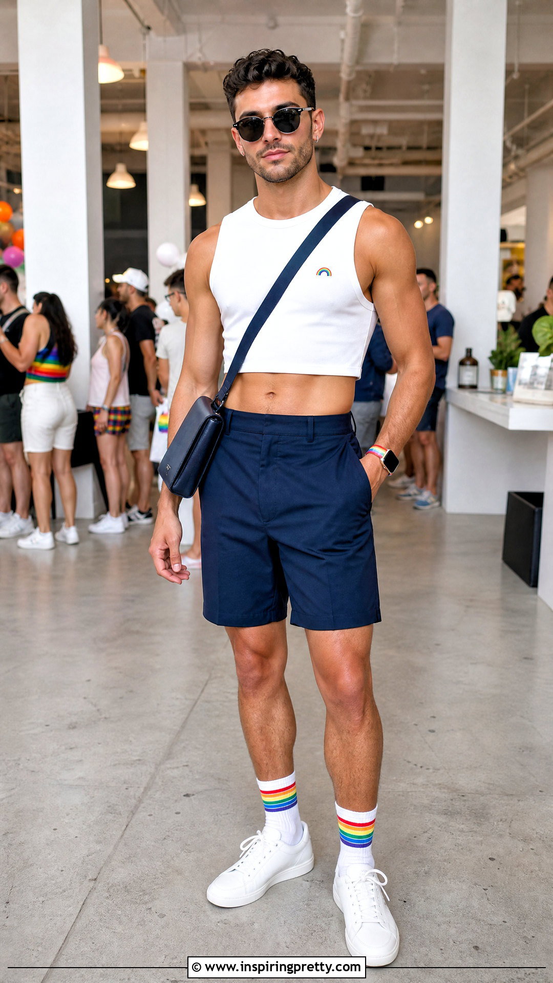 Minimal Pride Crop Top With Tailored Shorts - 20 pride crop top men outfit ideas