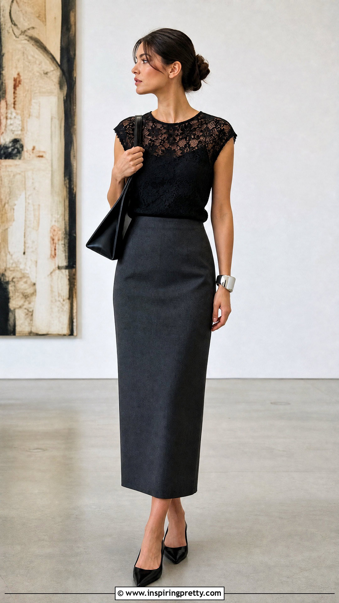 Minimalist Lace Top With Column Skirt - 50 Lace Top Outfit Aesthetic Ideas