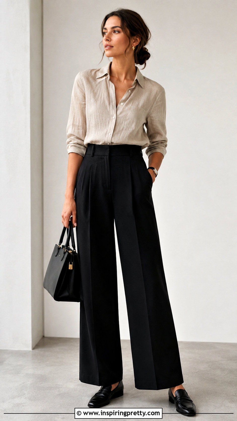 Minimalist Linen Top With Black Trousers - 50 linen tops outfit ideas