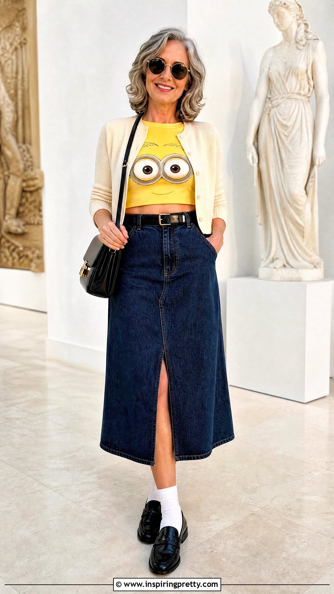 Minion Crop Top With Denim Midi Skirt And Loafers - 20 Minion Crop Top outfit ideas