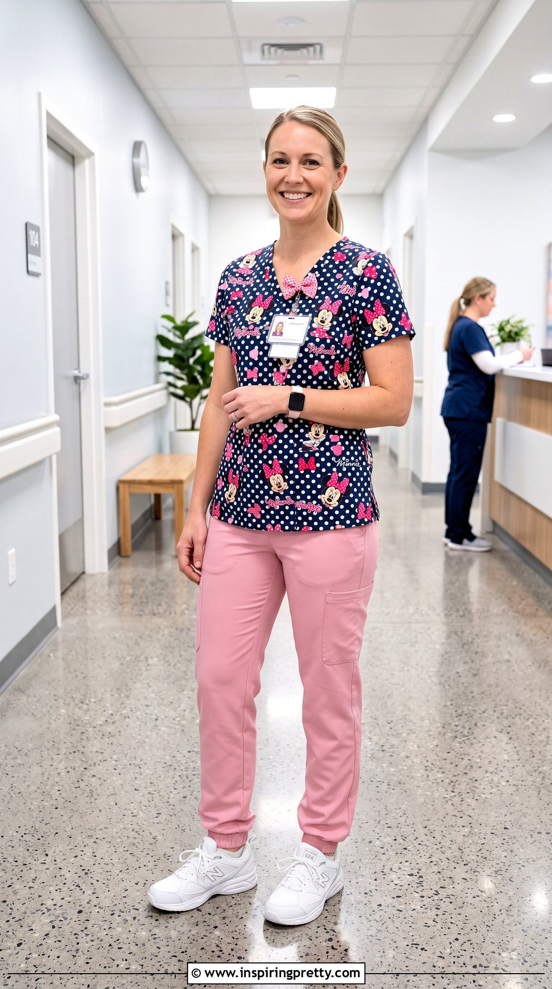 Minnie Mouse Character Scrub Top With Pink Pants - 20 character scrub tops outfit ideas