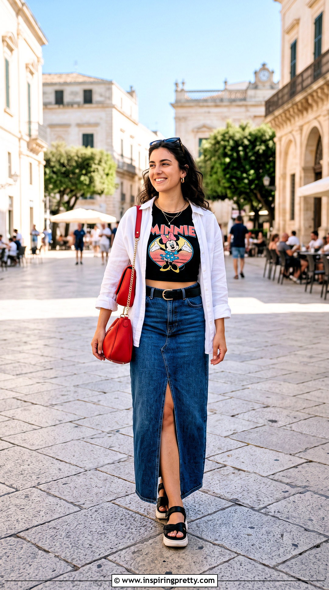 Minnie Mouse Crop Top With Denim Maxi Skirt - 25 Minnie Mouse Crop Top outfit ideas