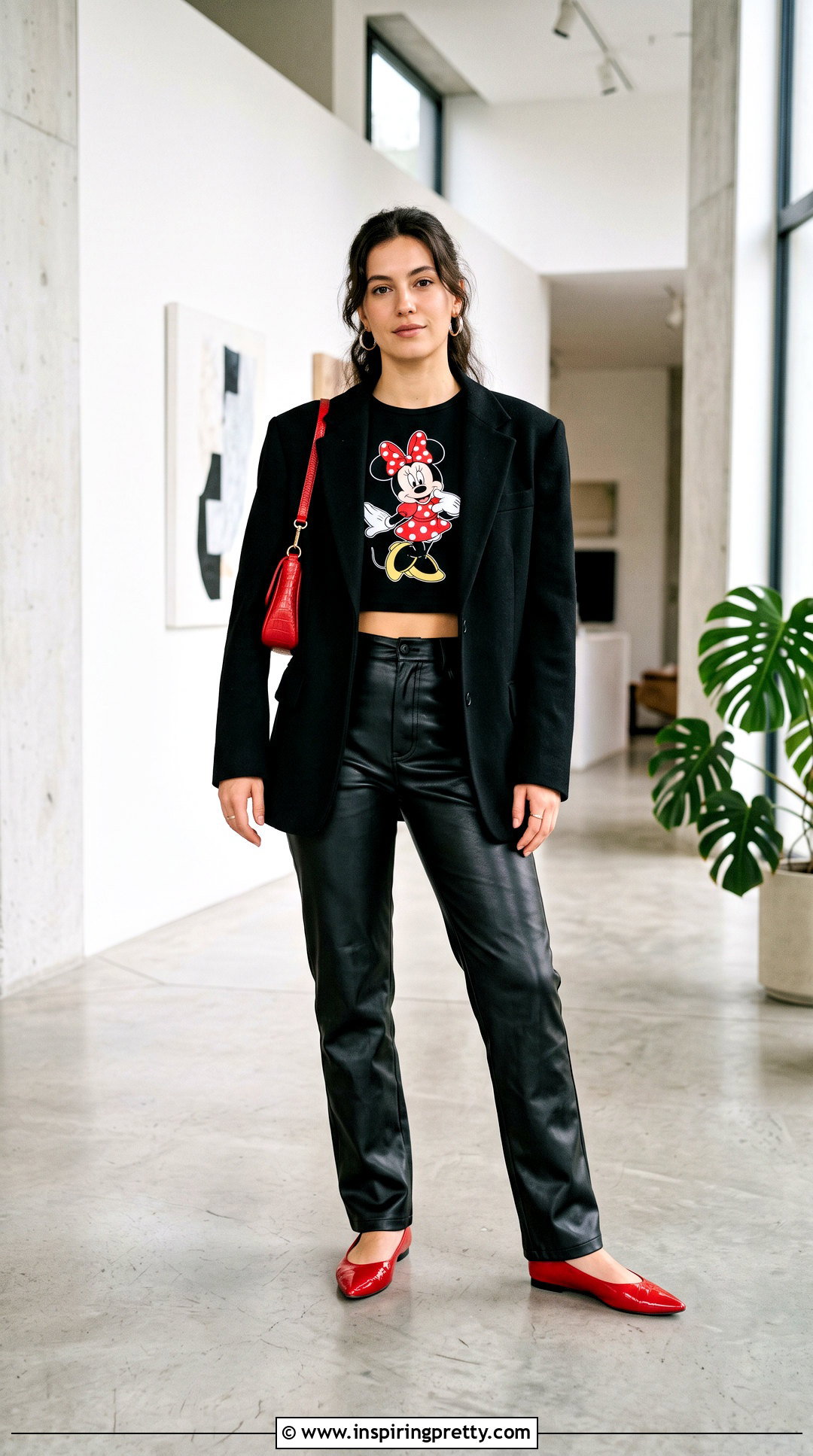Minnie Mouse Crop Top With Faux Leather Pants - 25 Minnie Mouse Crop Top outfit ideas