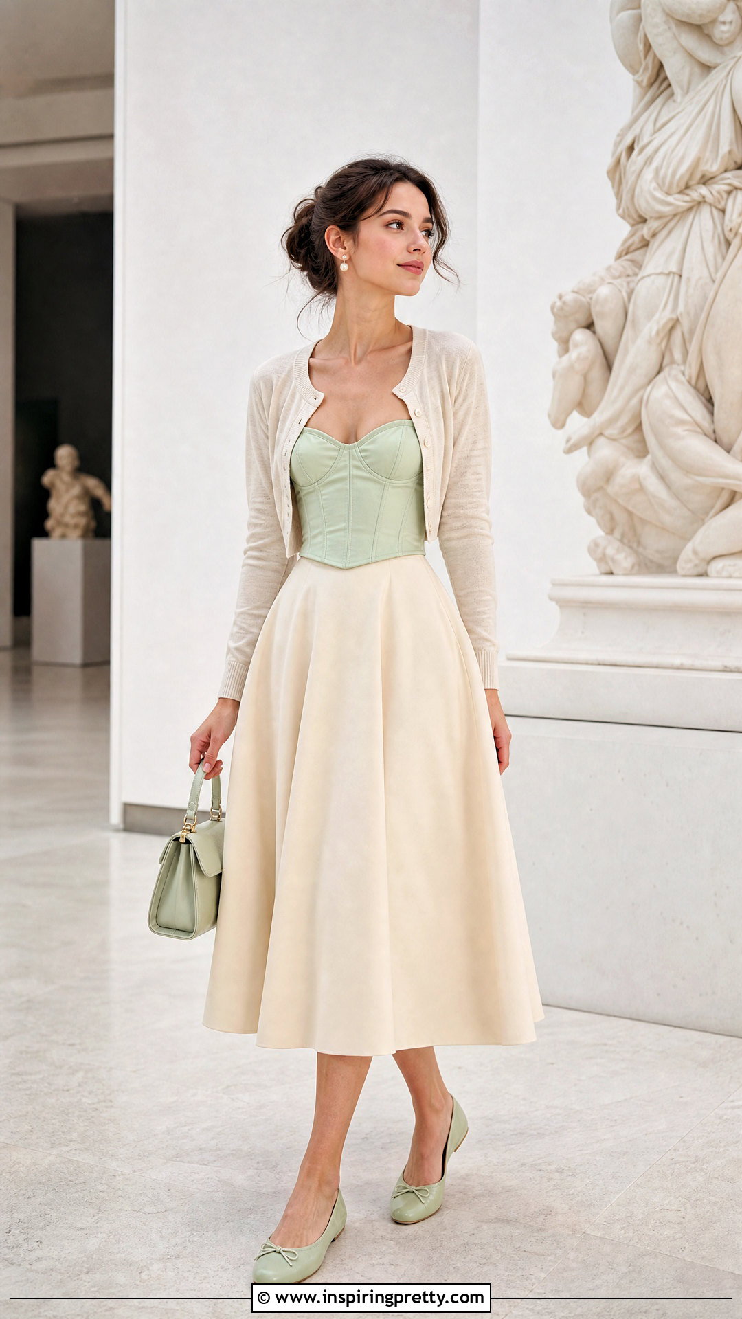 Mint Green Corset Top With Cream Cardigan And Midi Skirt - 25 mint green corset top outfit ideas