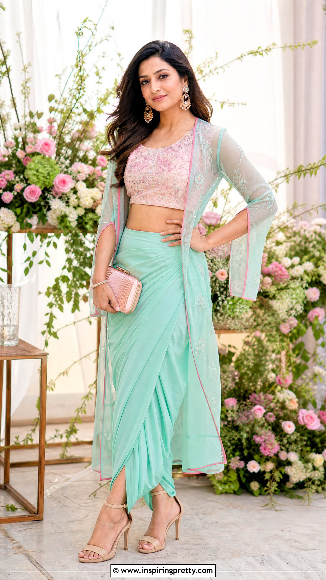 Mint Green Dhoti Skirt With Pink Crop Top And Jacket - 25 dhoti skirt with crop top and jacket outfit ideas