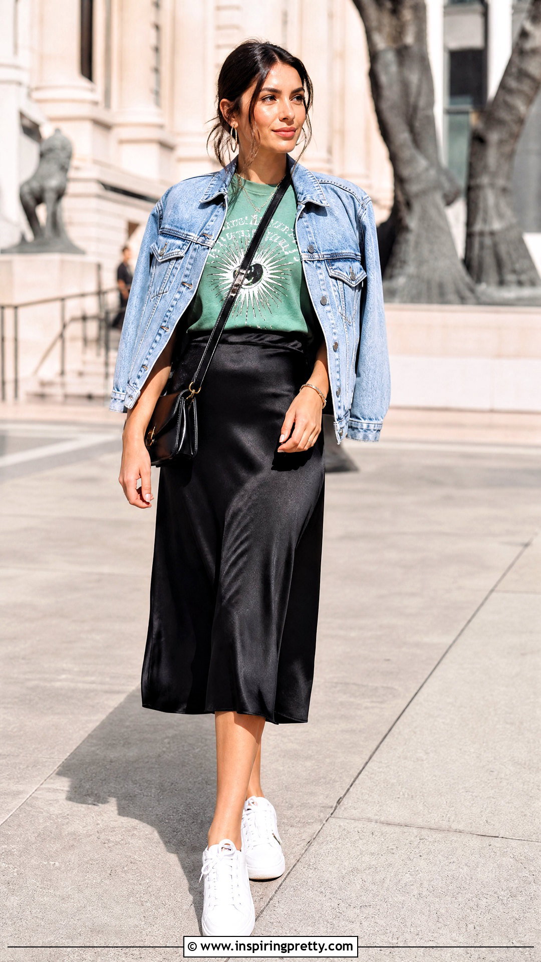 Mint Green Graphic T Shirt With Black Midi Skirt - 50 mint green top outfit ideas