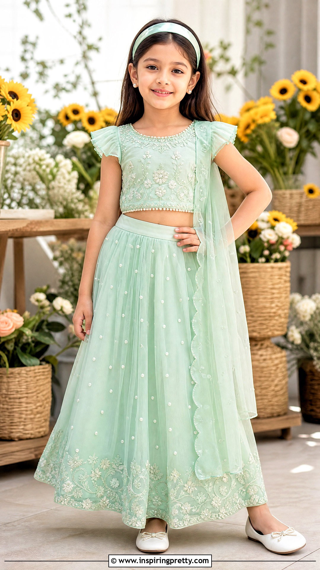 Mint Green Pearl Kids Crop Top Lehenga - 50 kids crop top lehenga designs