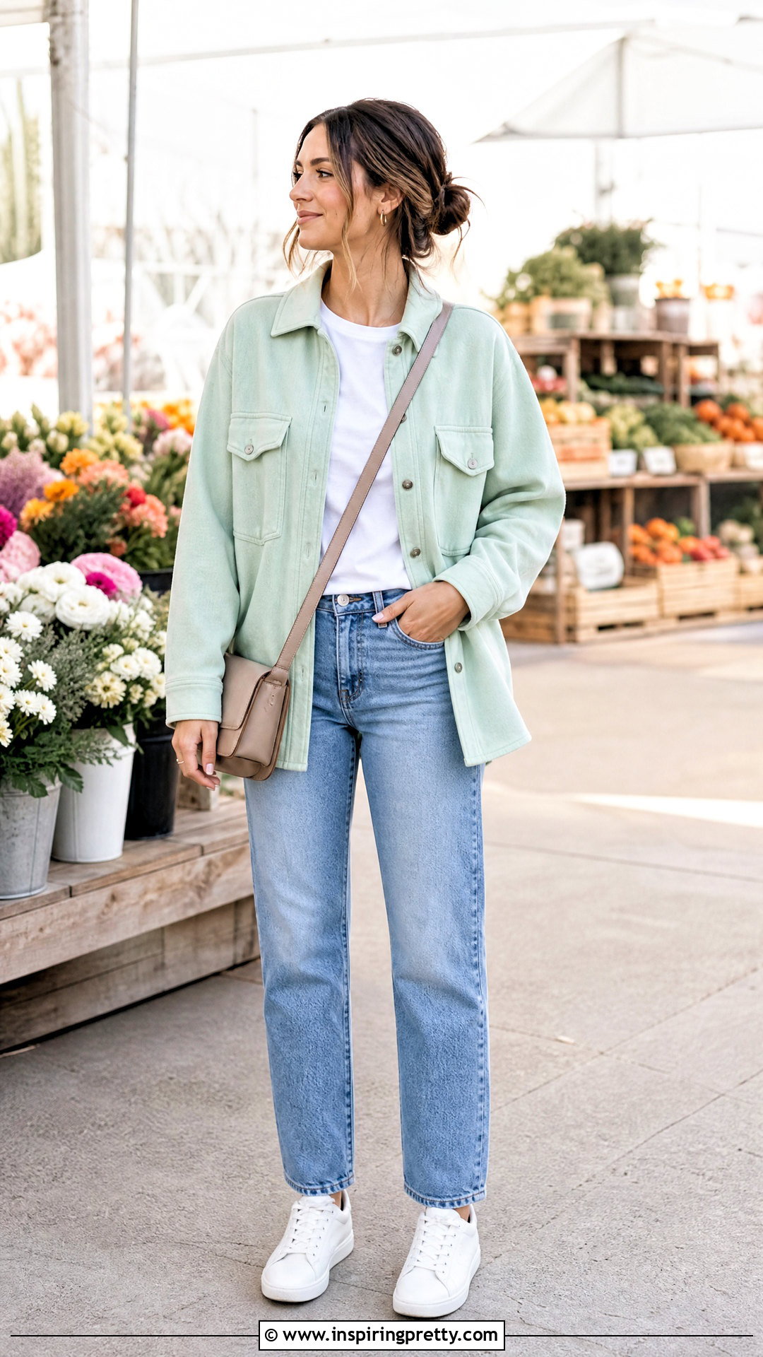 Mint Green Shacket With White T Shirt And Jeans - 50 mint green top outfit ideas