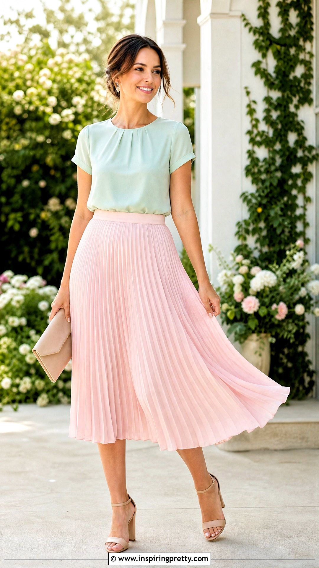 Mint Green Top With Pink Midi Skirt - 50 mint green top outfit ideas
