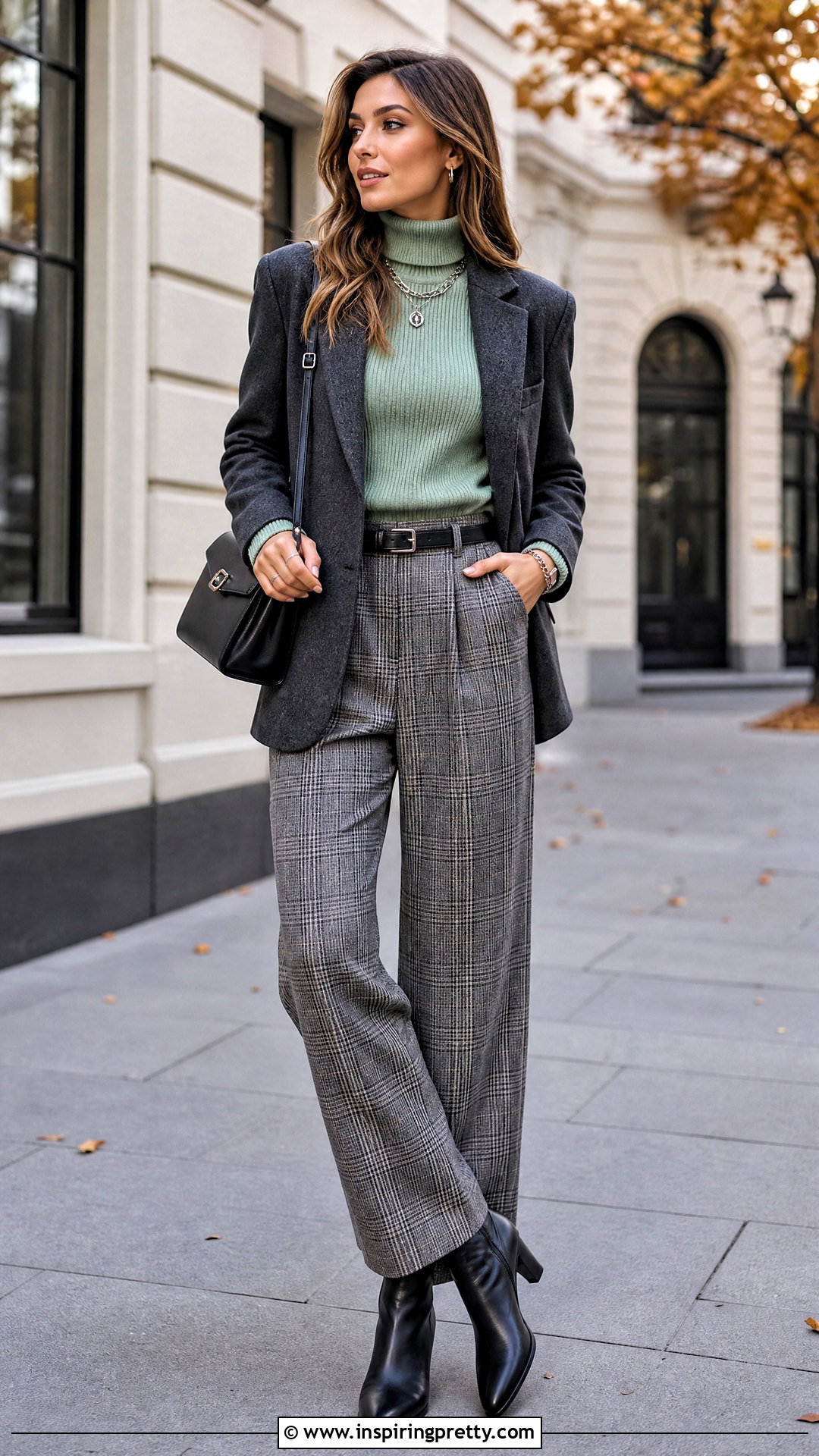Mint Green Turtleneck With Plaid Trousers - 50 mint green top outfit ideas