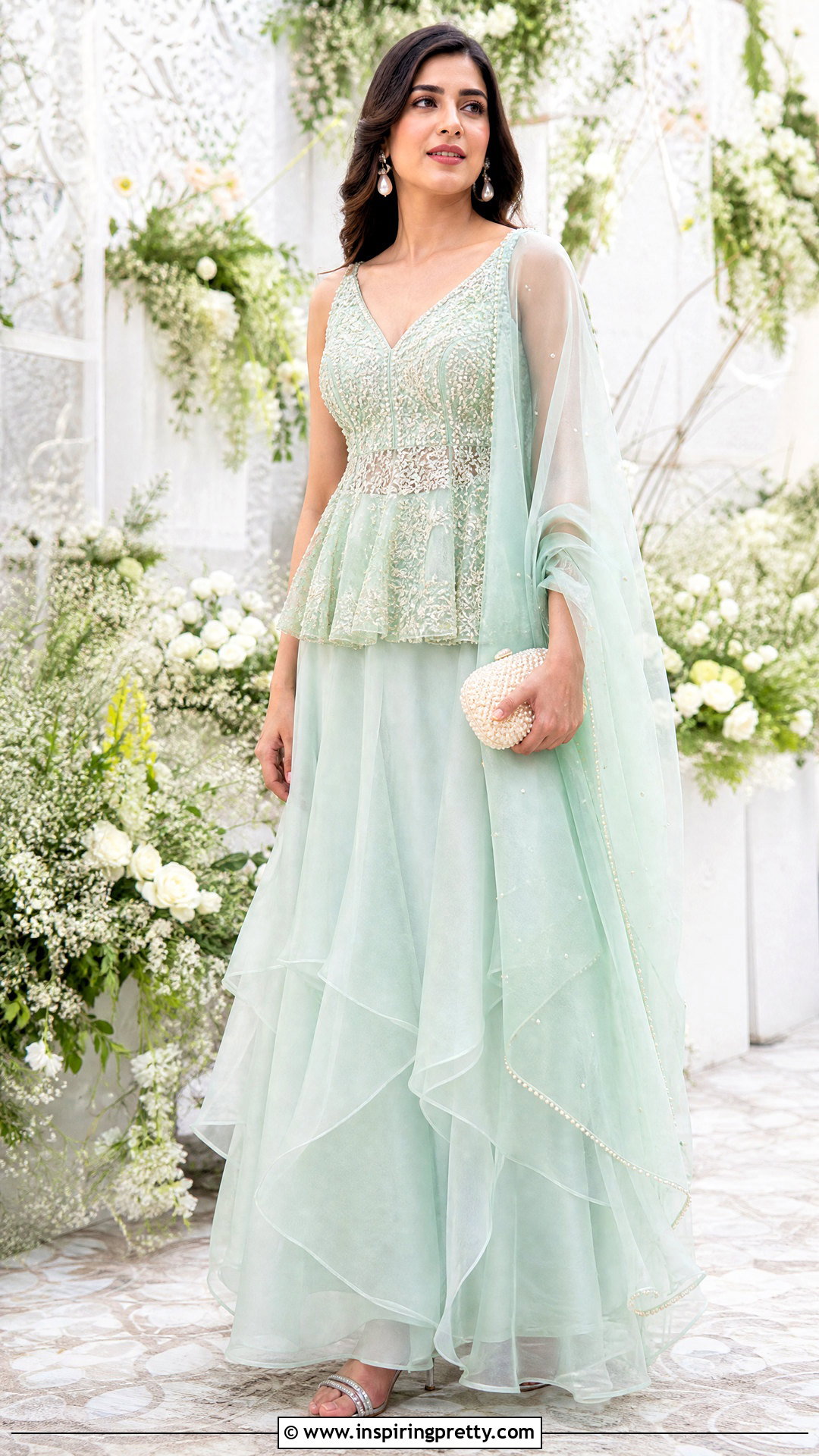Mint Indian Peplum Top With Organza Lehenga - 50 indian peplum top outfits