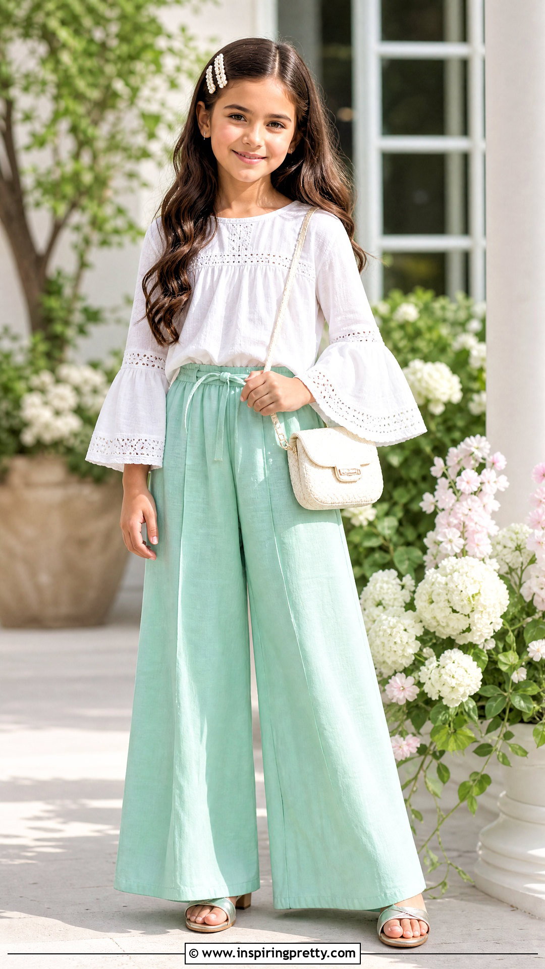 Mint Palazzo With White Bell Sleeve Top - 50 kids plazo with tops