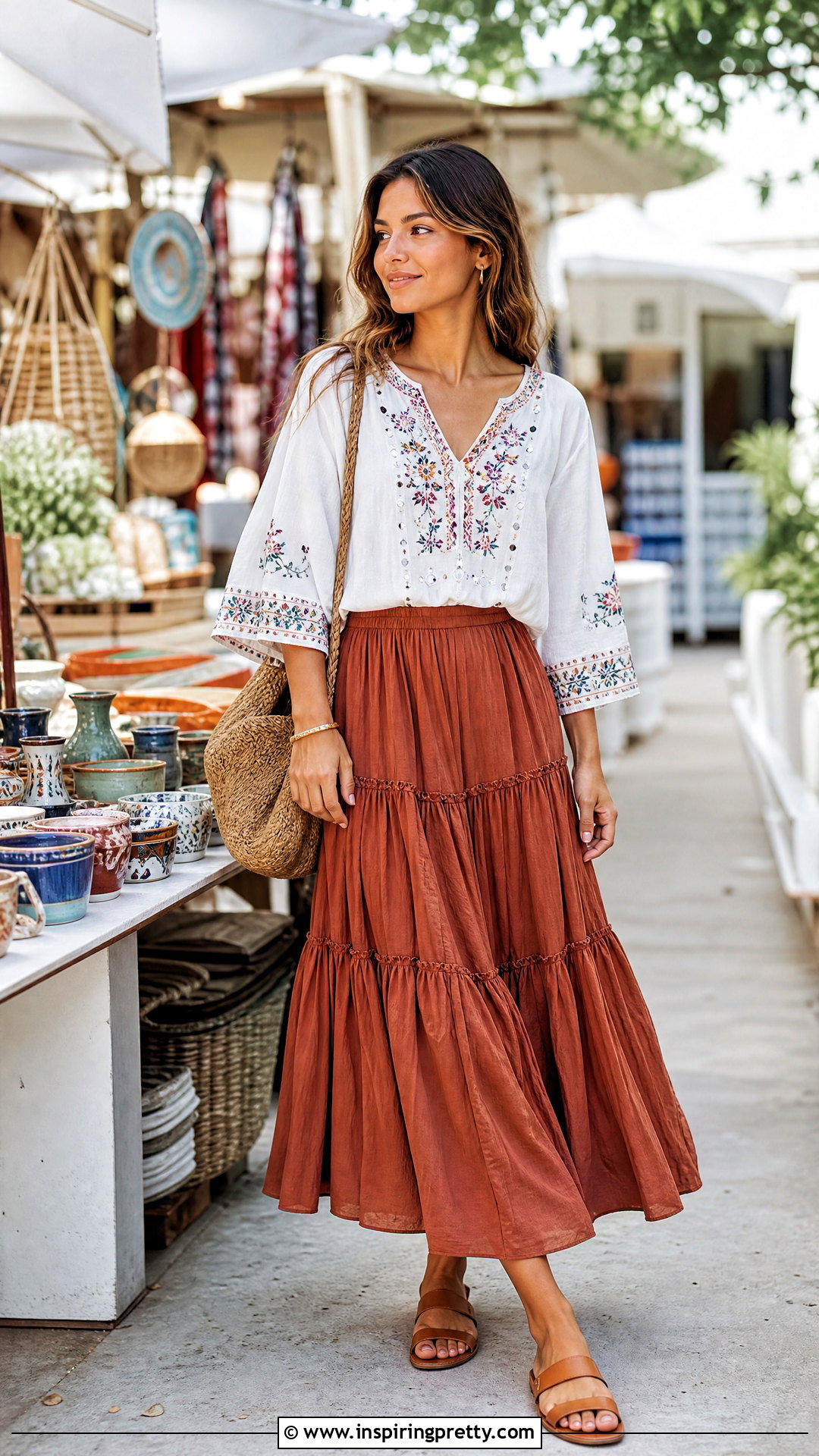 Mirror Embellished Top With Tiered Maxi Skirt - 20 Embellished Casual Top outfit ideas
