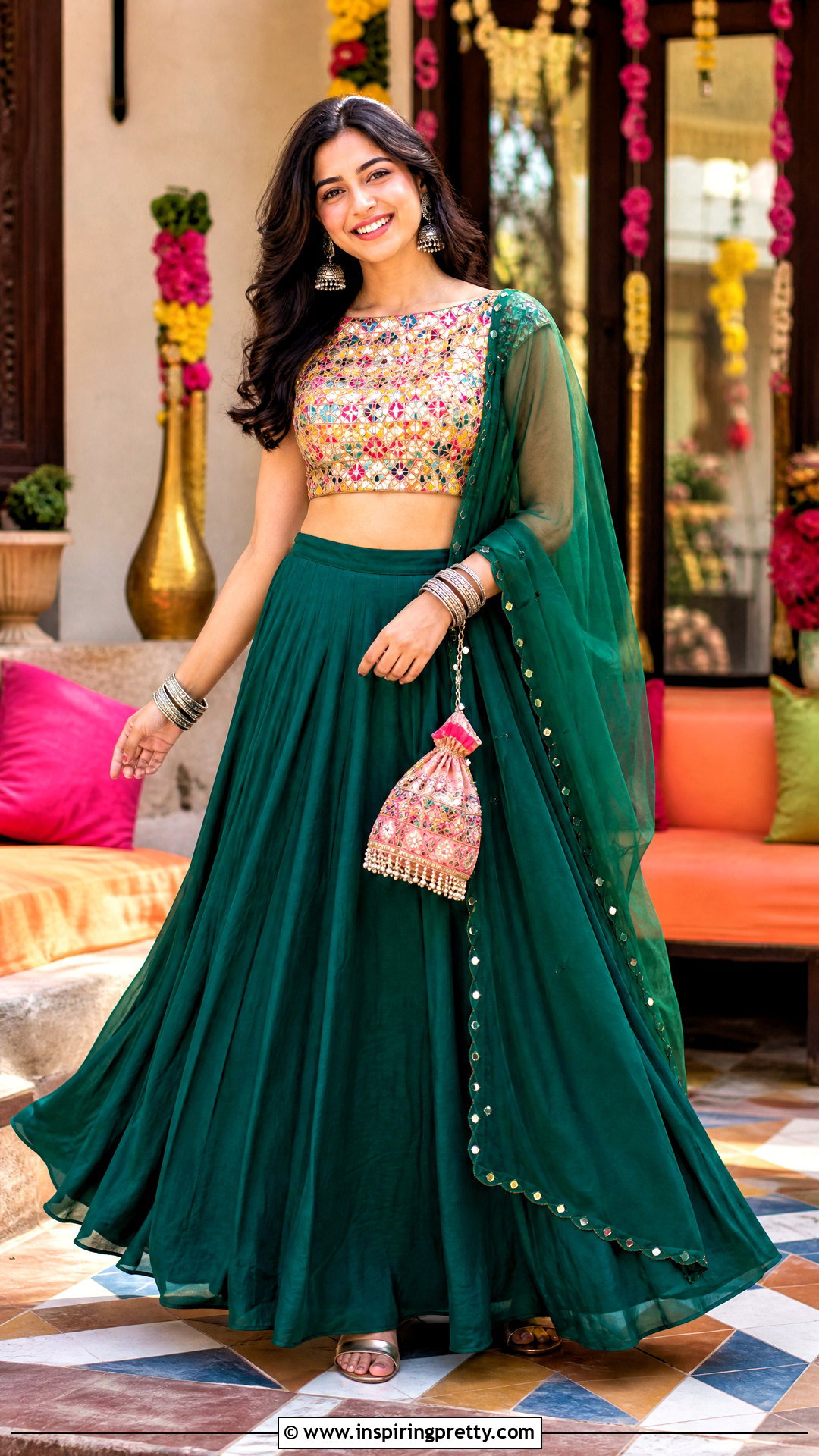 Mirror Work Boat Neck Crop Top Blouse With Solid Lehenga - 20 Crop Top Blouse Designs Latest Boat Necks