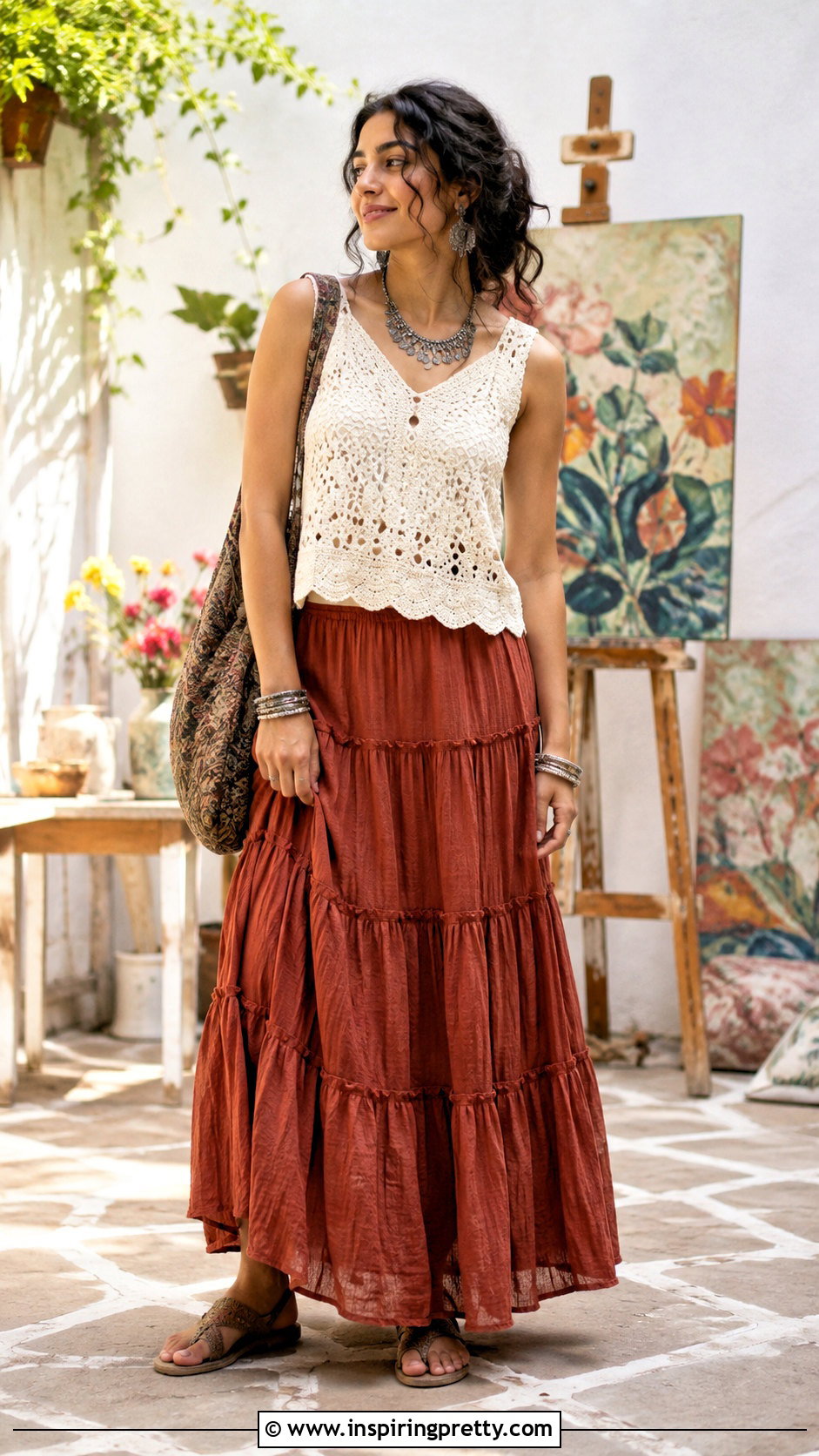 Mirror Work Crochet Top With Tiered Skirt - 50 Indo Western Tops outfit ideas