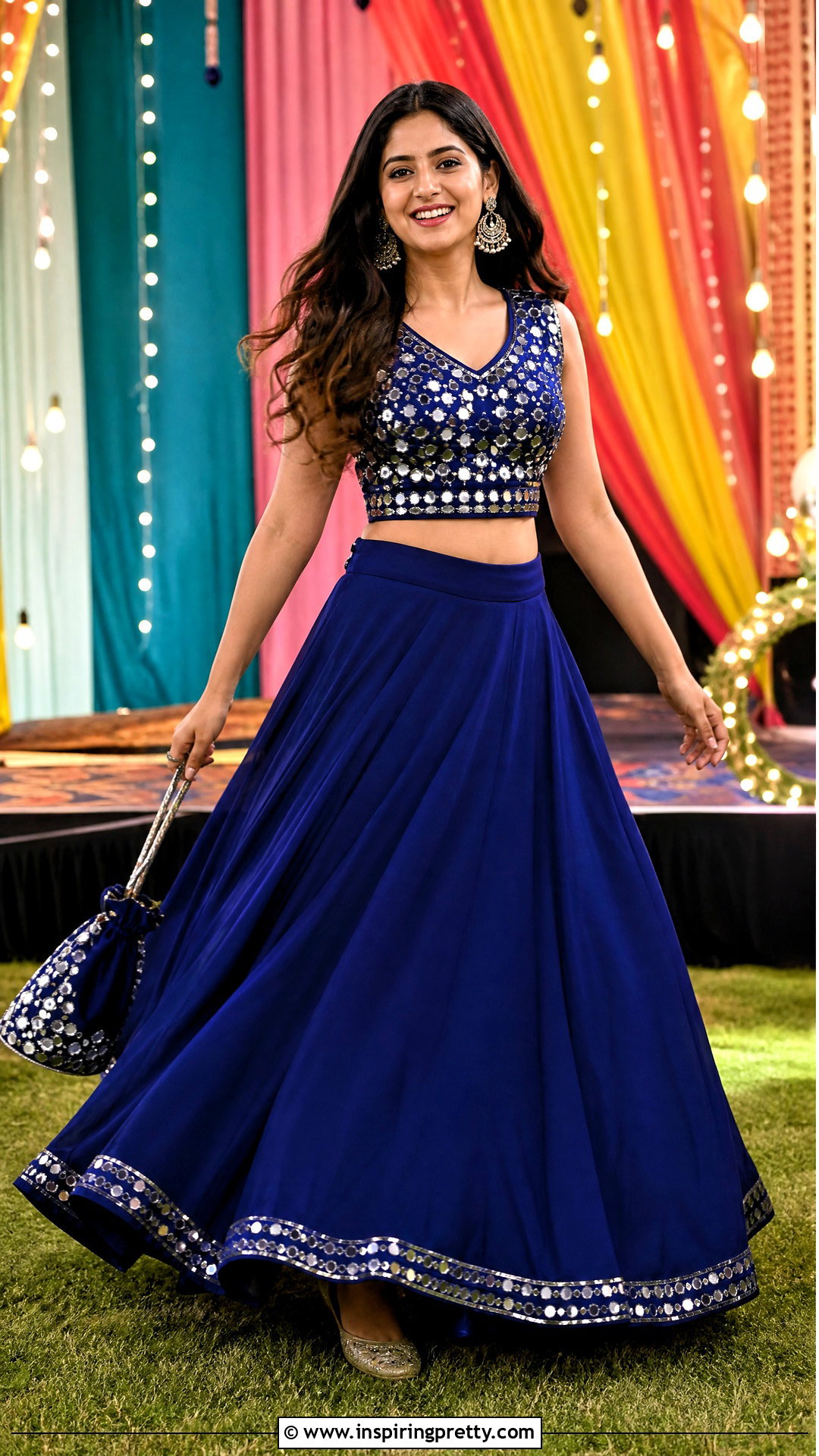 Mirror Work Crop Top And Georgette Skirt - 25 crop top and skirt indian party wear for women outfit ideas