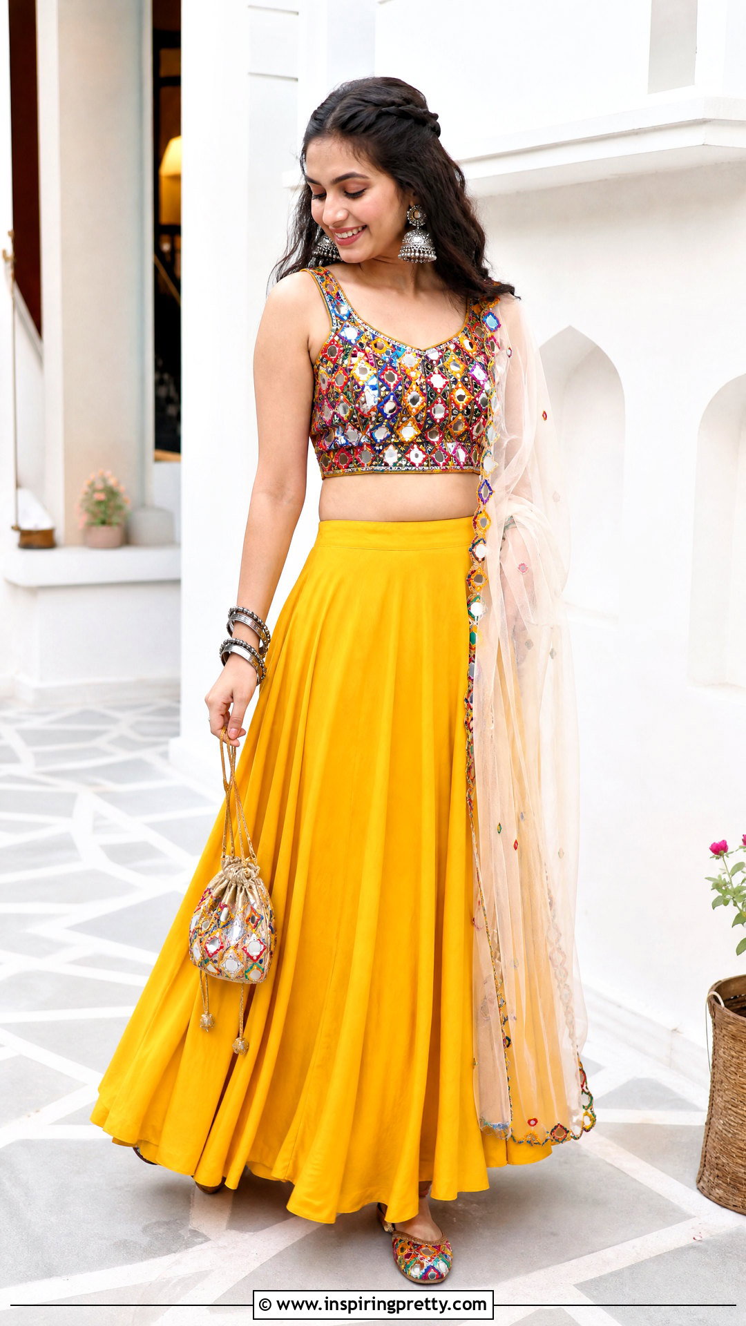Mirror Work Crop Top Blouse With Skirt - 50 crop top blouse designs