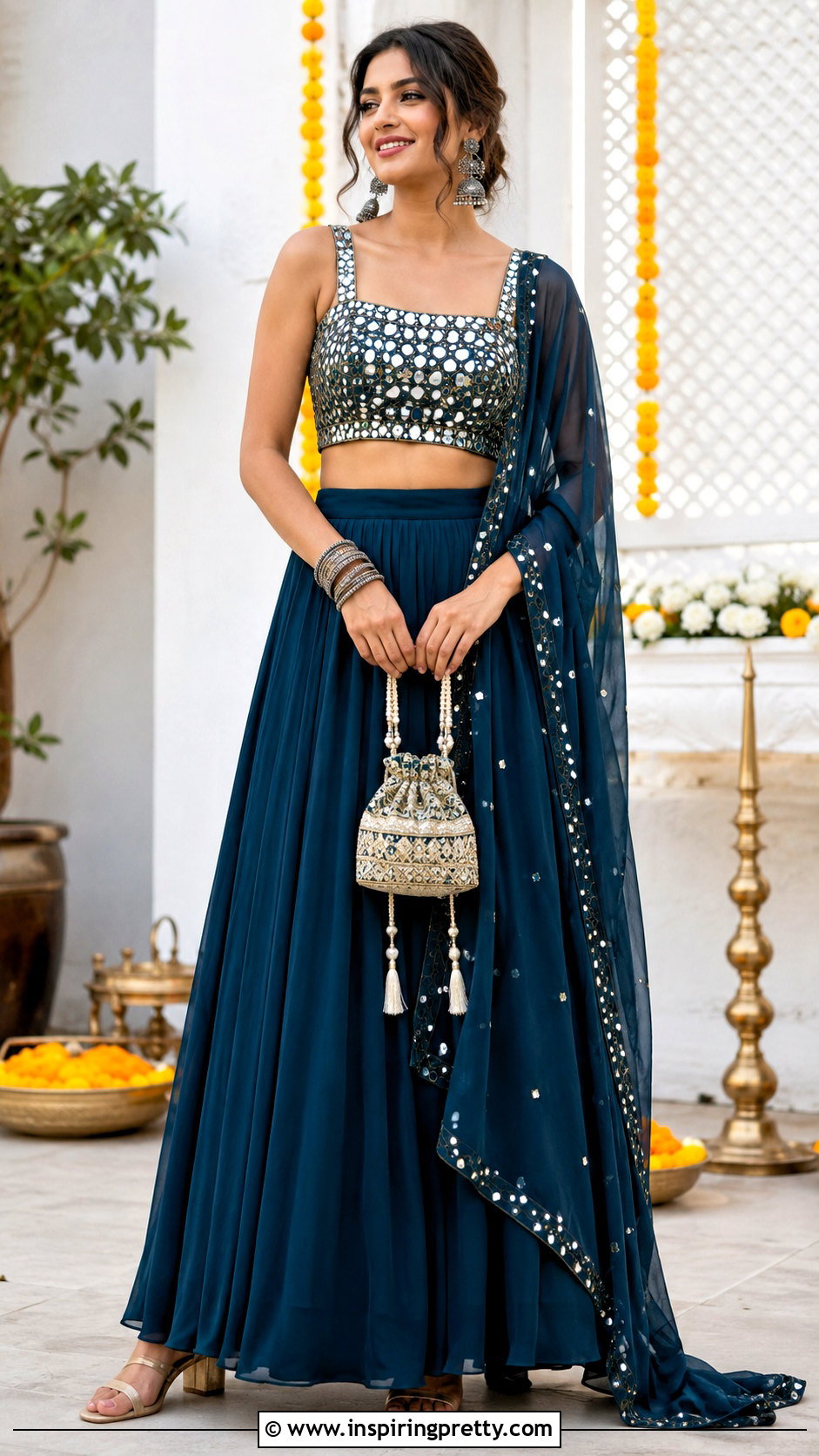 Mirror Work Crop Top Blouse With Solid Lehenga - 20 Crop Top Blouse Designs For Lehanga Outfit Ideas
