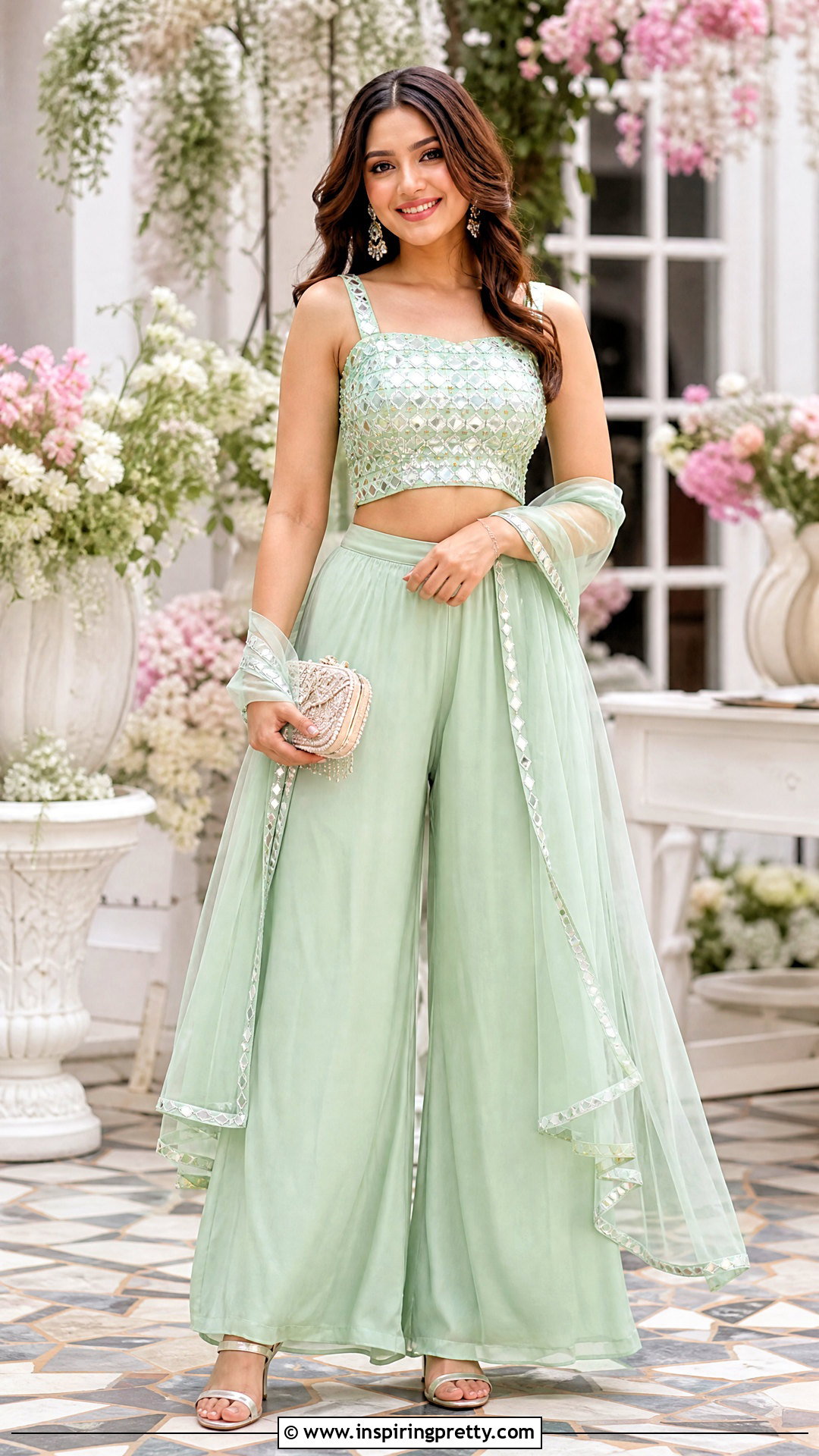 Mirror Work Crop Top With Pastel Palazzo Pants - 50 crop top with plazo outfit ideas