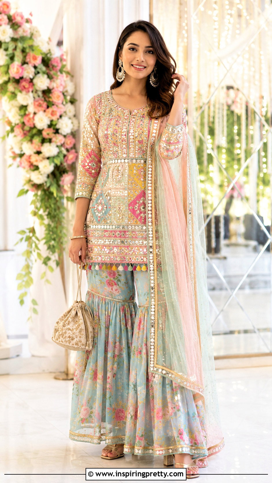 Mirror Work Neck Kurti With Sharara - 50 top neck designs