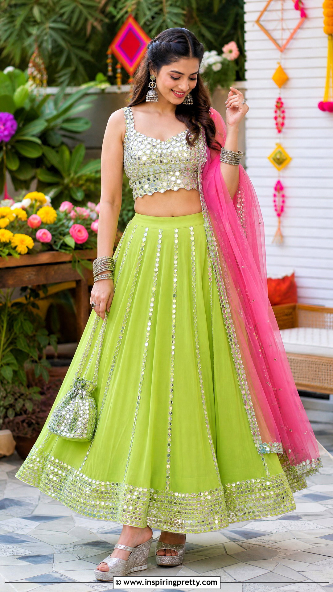 Mirror Work Organza Crop Top Lehenga Outfit - 50 organza crop top lehenga outfit ideas