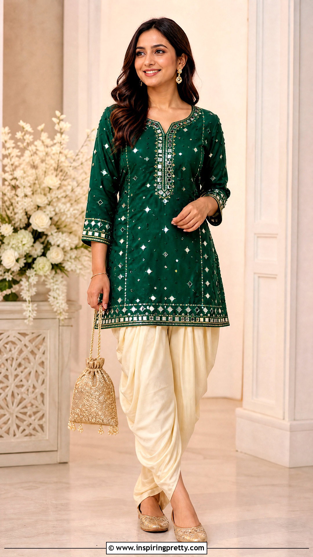 Mirror Work Short Kurtha Top With Dhoti Pants - 20 Short Kurtha Tops For Women