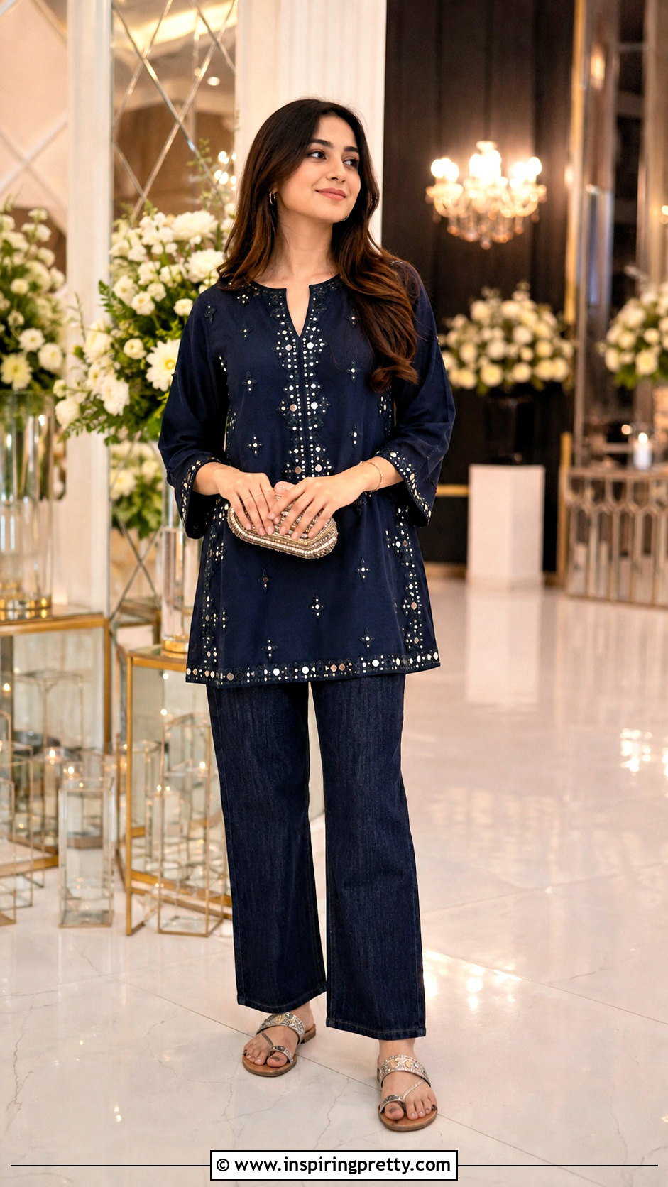 Mirror Work Short Kurti With Dark Jeans - 50 short kurti tops for jeans