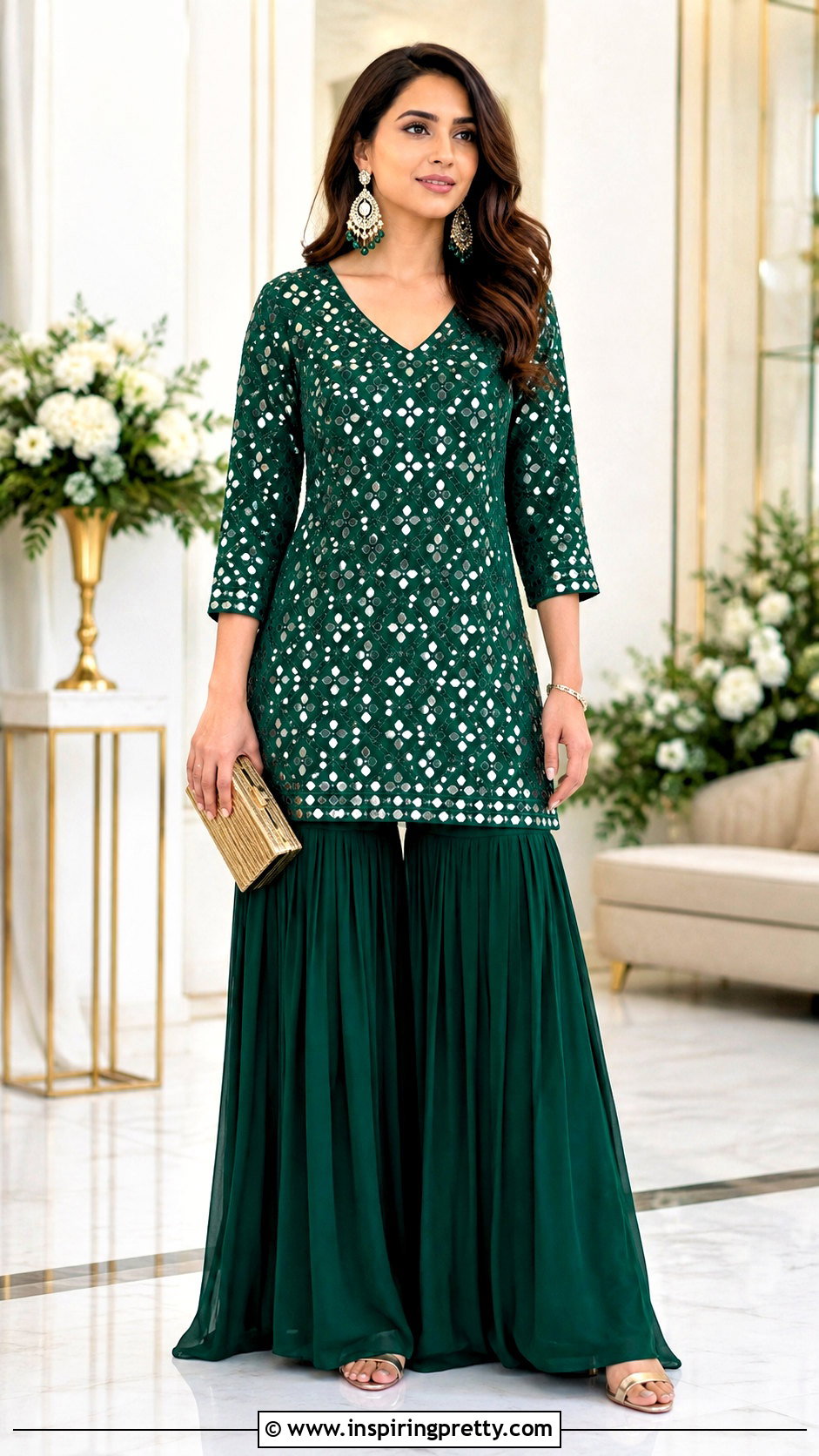 Mirror Work Short Kurti With Solid Sharara Pants - 50 short kurti top outfit ideas