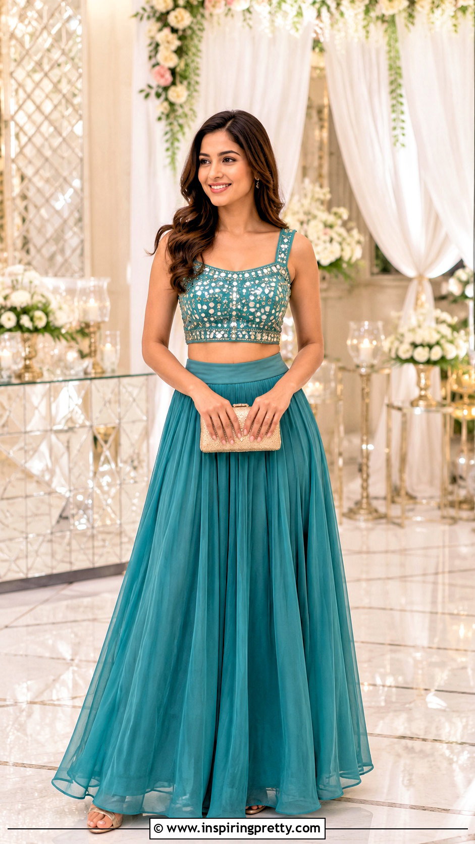 Mirror Work Short Top With Solid Skirt - 50 latest short top designs