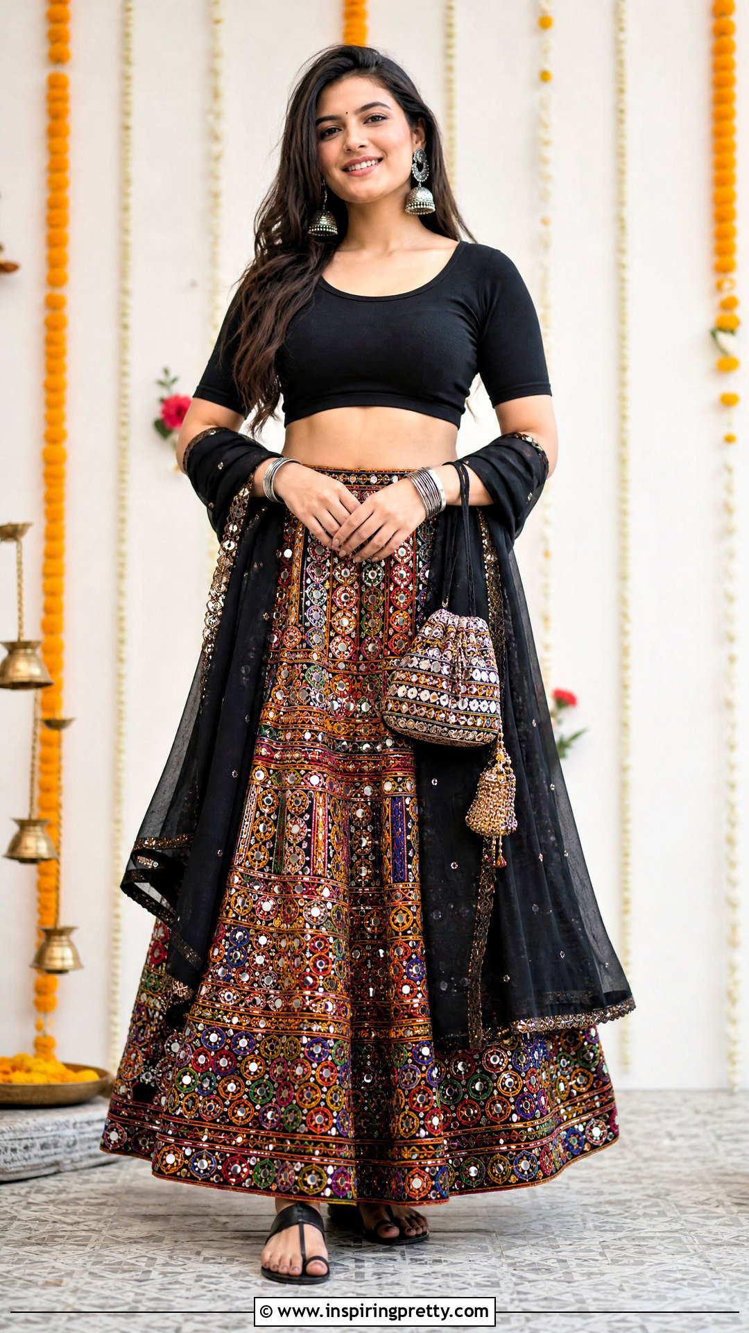 Mirror Work Skirt And Black Crop Top Outfit - 50 traditional skirt and top outfit ideas