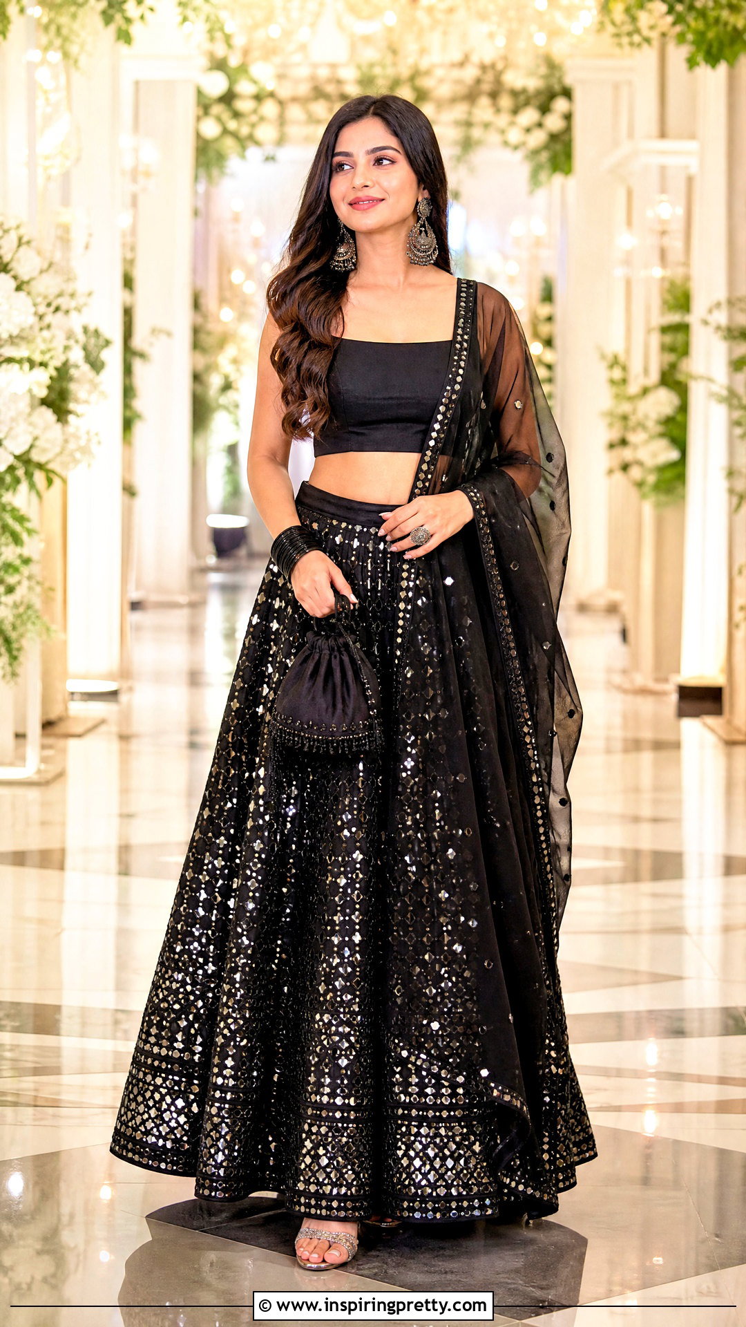 Mirror Work Skirt With Plain Black Top - 50 skirt top indian outfit ideas