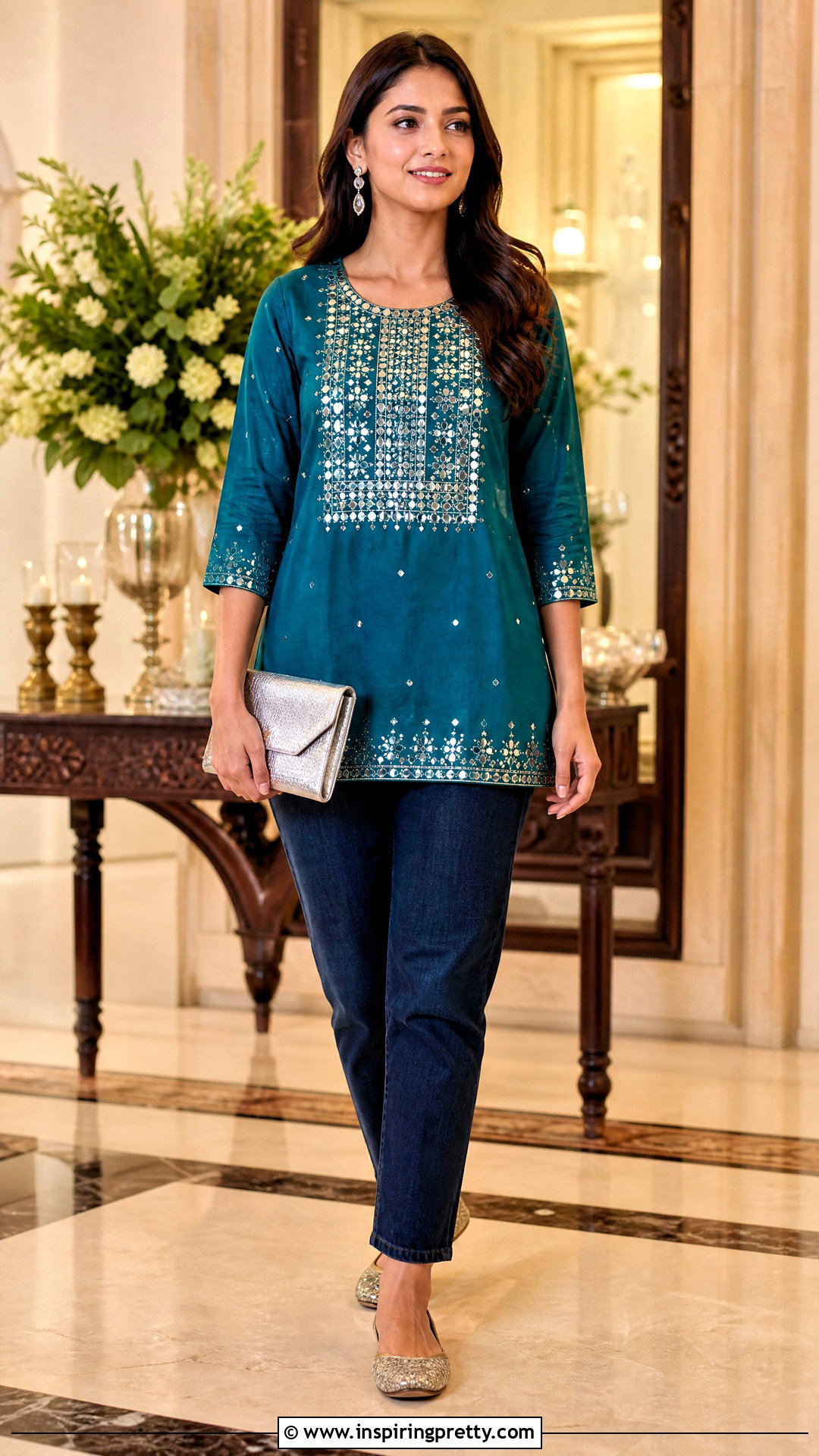 Mirror Work Top With Dark Jeans - 50 jeans tops indian styles