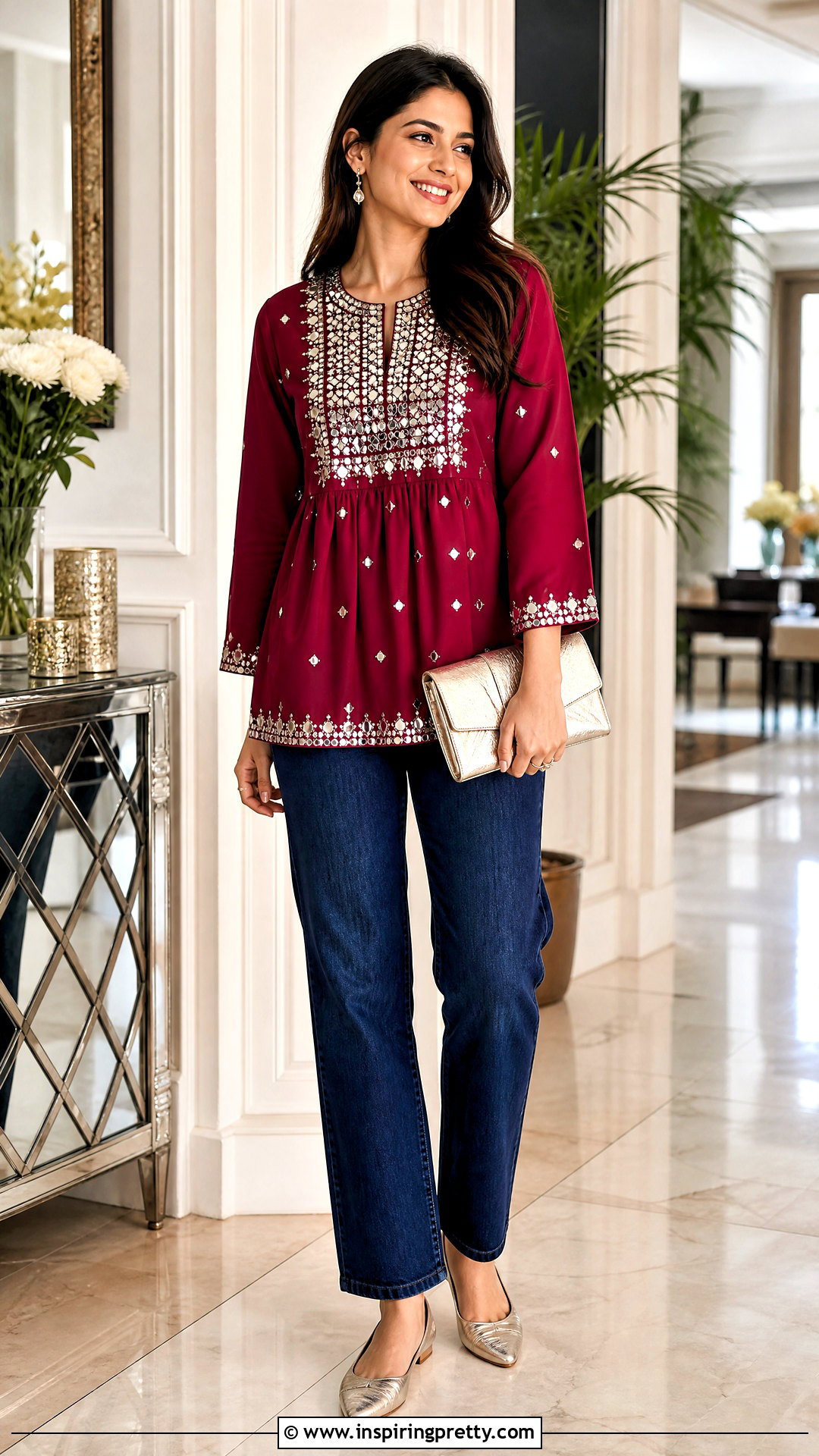 Mirror Work Top With Dark Jeans - 50 jeans tops indian style for women