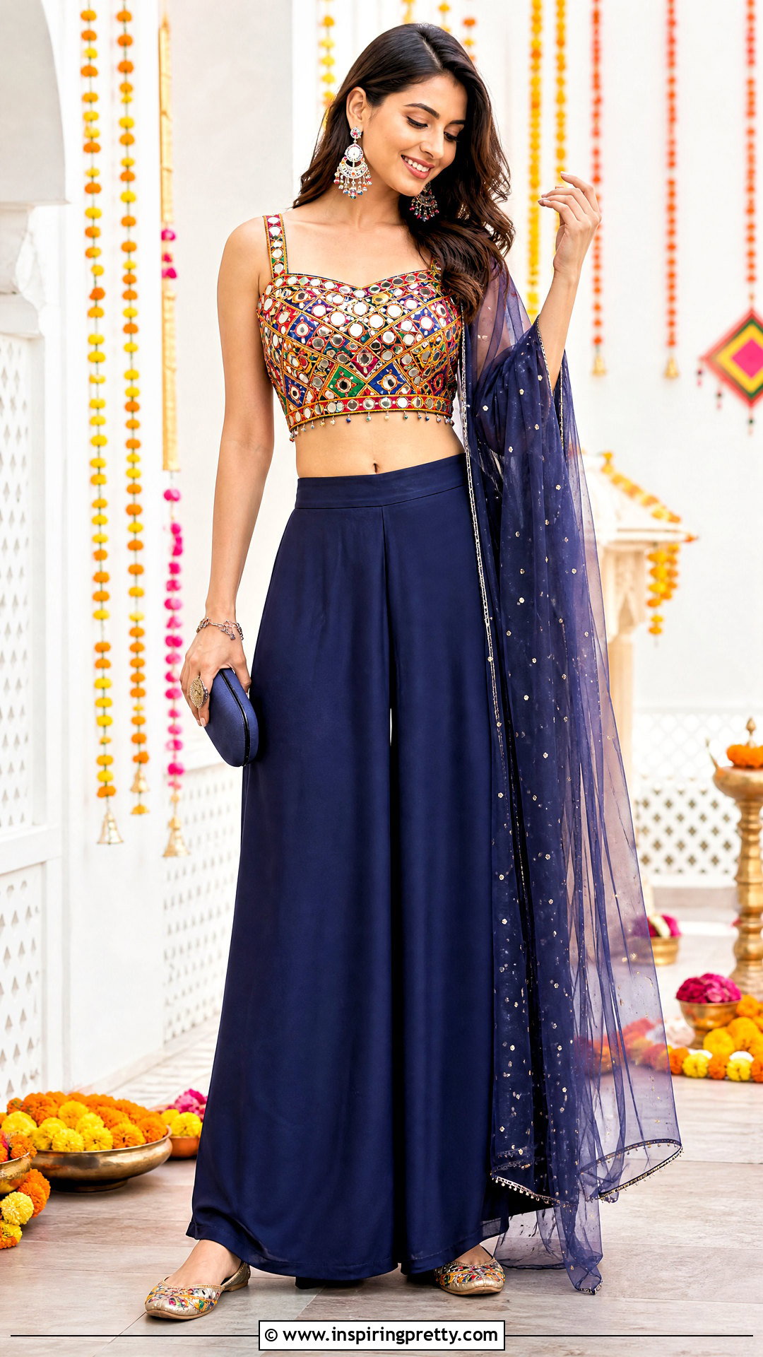 Mirror Work Top With Plain Palazzo Pants - 50 short top with plazo outfit ideas