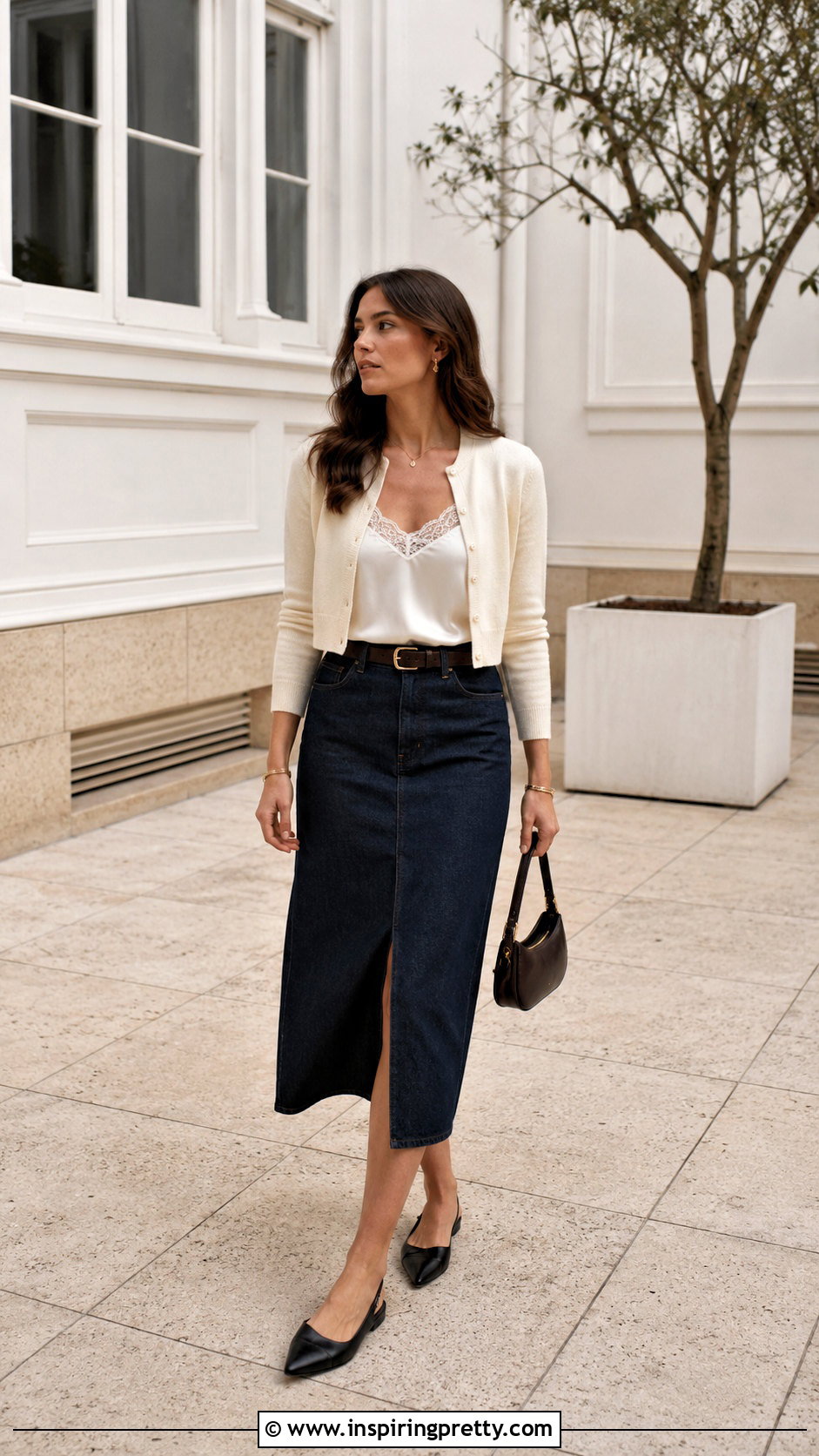 Miu Miu Lace Trim Top With Denim Midi Skirt - 50 miu miu top outfit ideas
